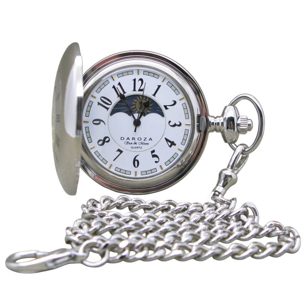 Silver Pocket Watch with Arabic Numbers Dial and Sun & Moon Phase