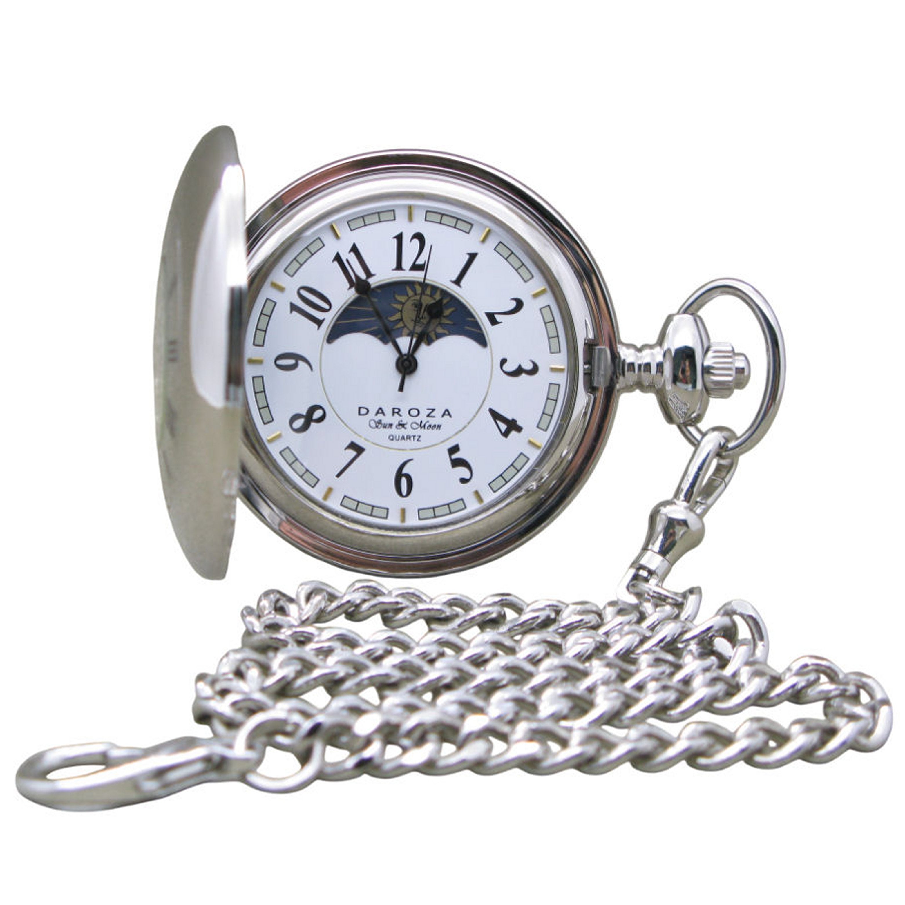 Silver Pocket Watch with Arabic Numbers Dial and Sun & Moon Phase