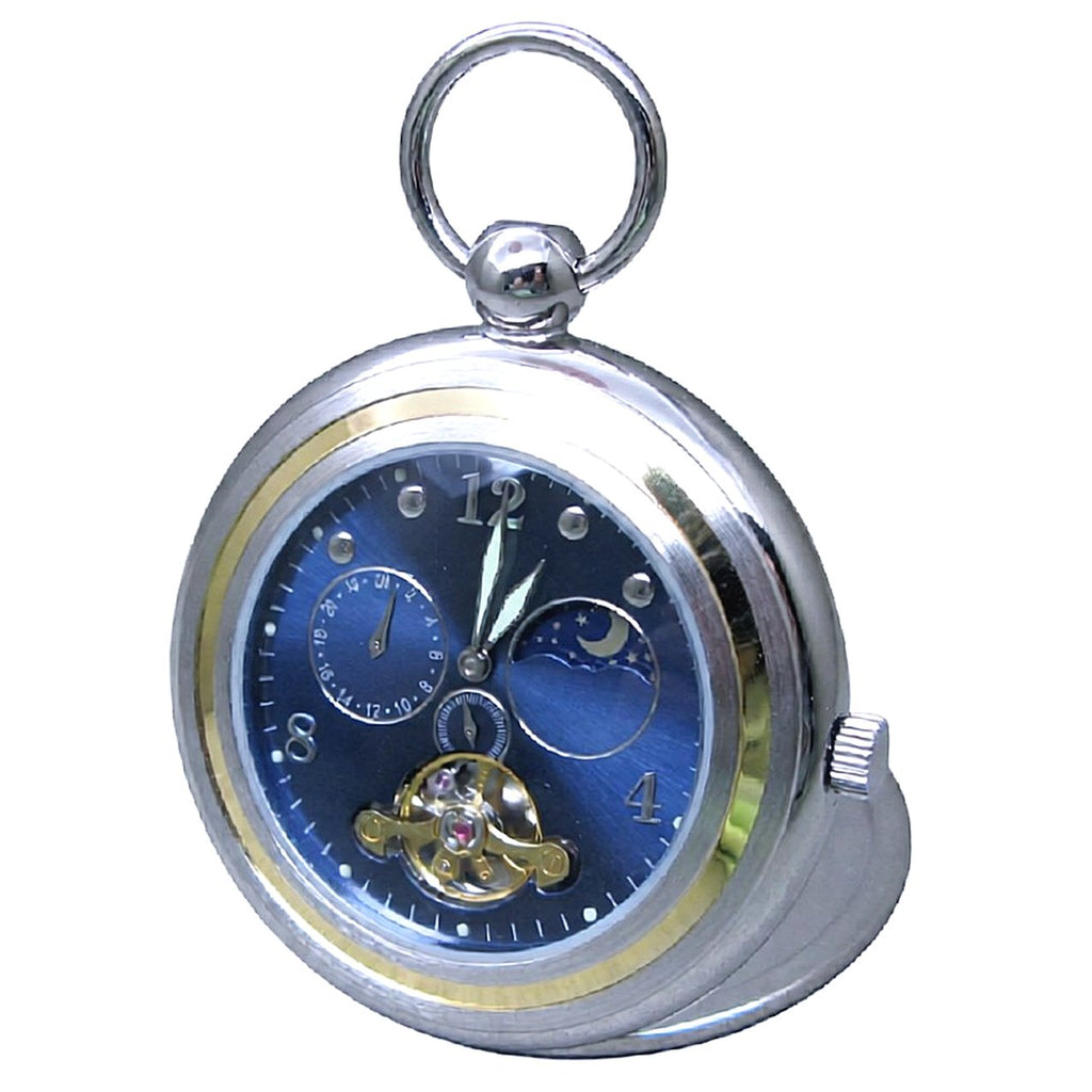 Silver Tourbillon Mechanical Pocket Watch with opening back stand