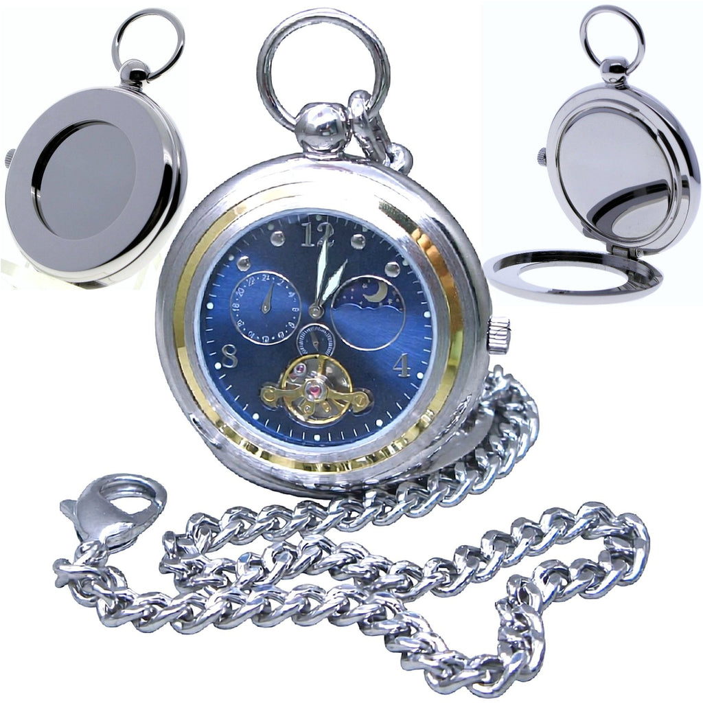 Silver Tourbillon Pocket Watch with Blue Dial & Luminous Hands