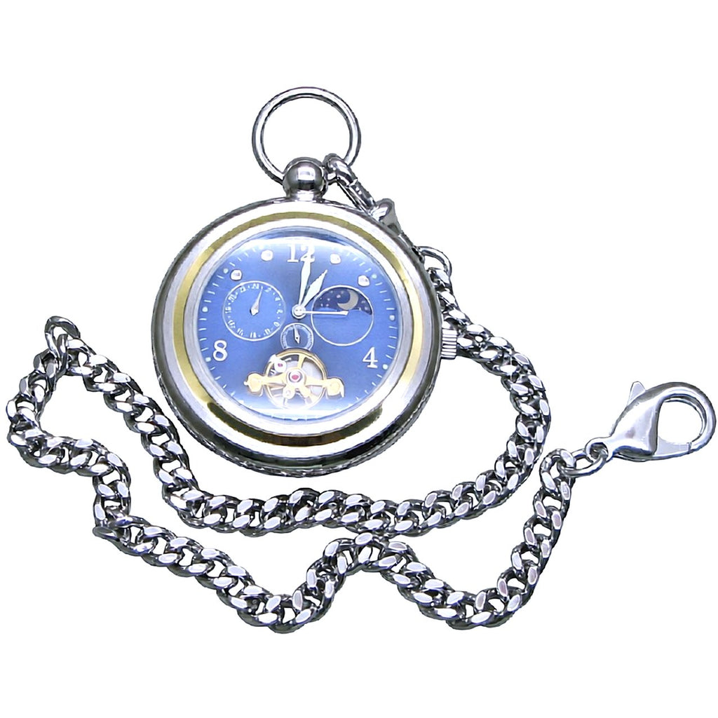 Silver Toubillon Pocket watch Blue Dial with 24 Hours & Sun Moon Disc