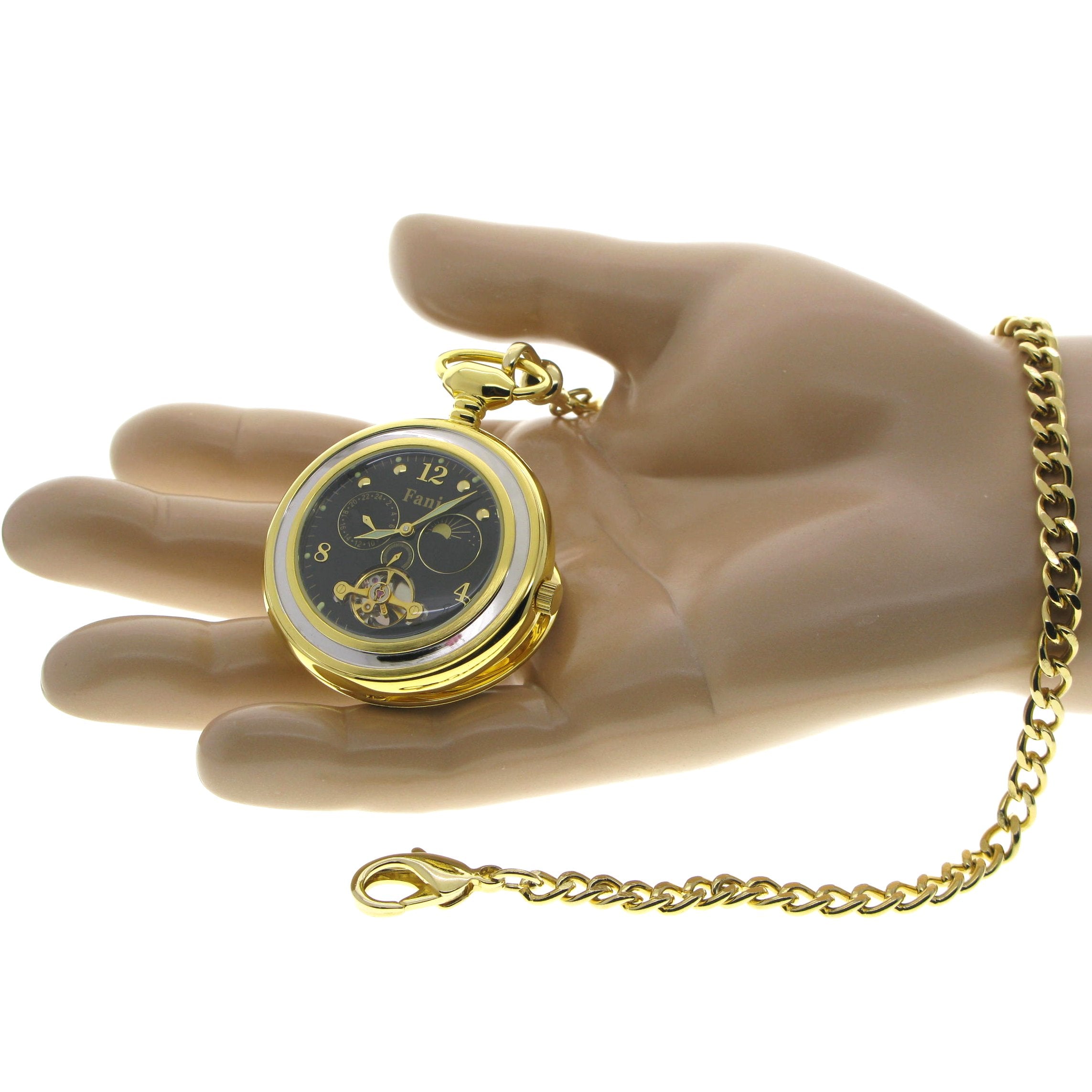 Tourbillon Mechanical Gold Pocket Watch with Black Dial Sun & Moon 24 Hours P295