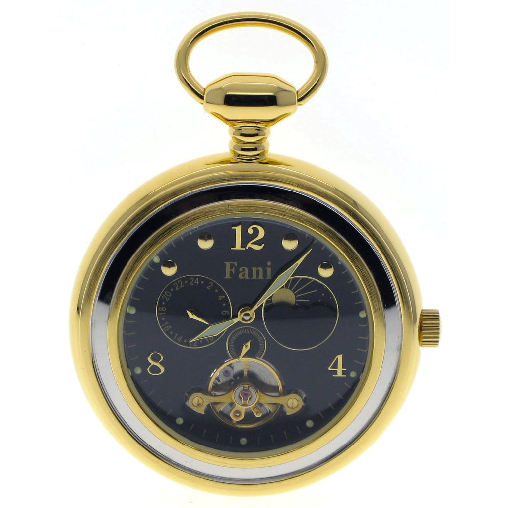 Tourbillon Mechanical Gold Pocket Watch with Black Dial Sun & Moon 24 Hours P295
