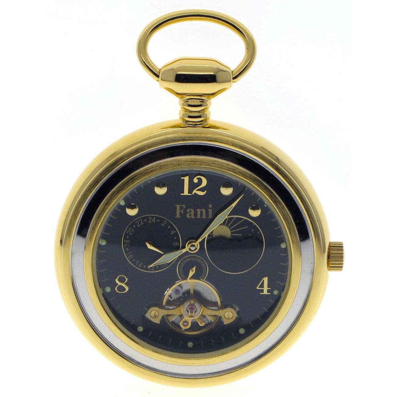 Tourbillon Mechanical Gold Pocket Watch with Black Dial Sun & Moon 24 Hours P295