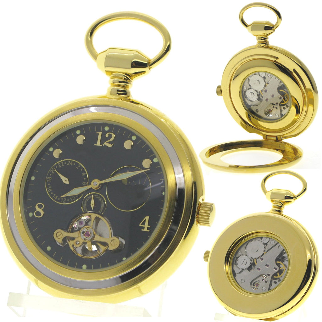 Tourbillon Gold Mechanical Pocket Watch with Black Dial Sun & Moon 24 Hours