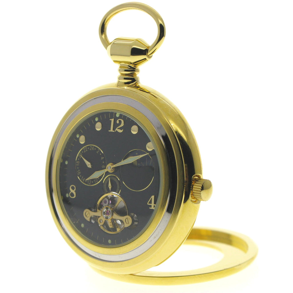 Tourbillon Mechanical Gold Pocket Watch with Black Dial Sun & Moon 24 Hours P295