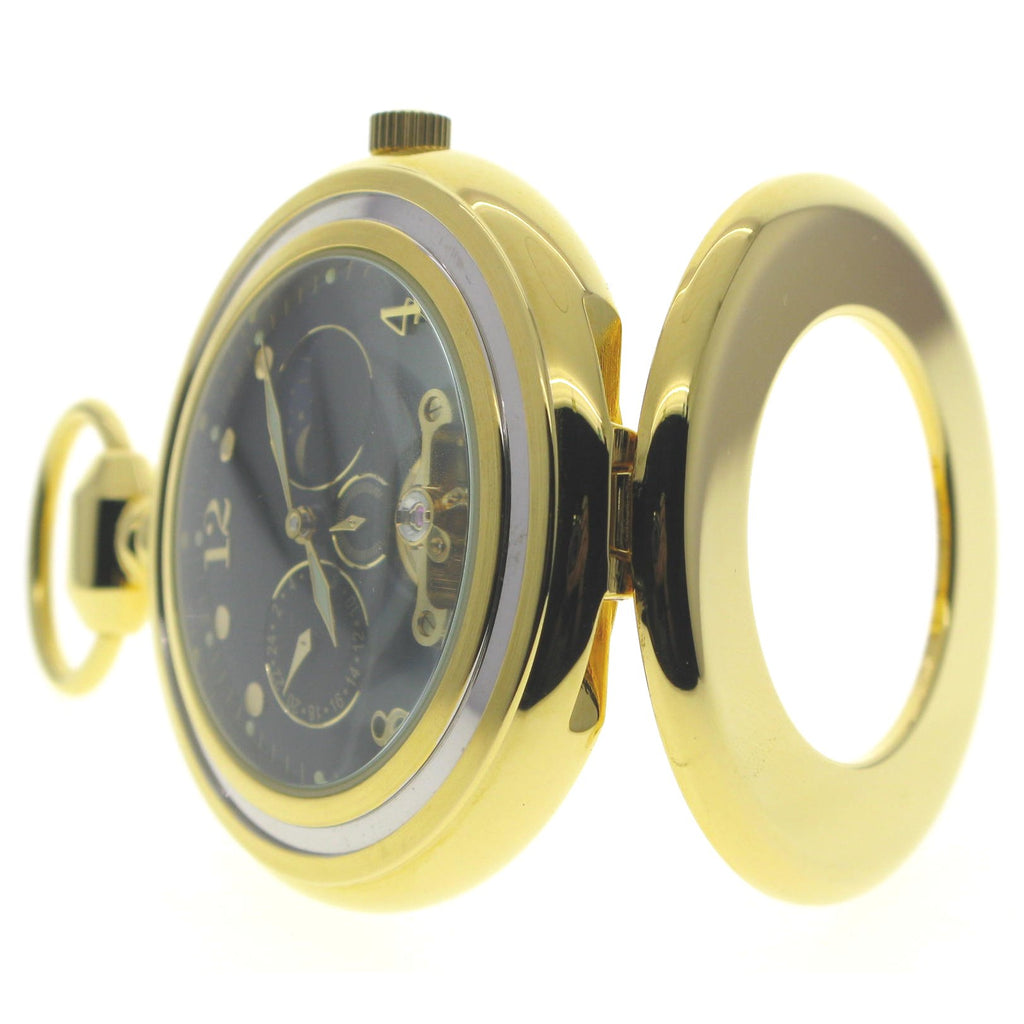 Tourbillon Mechanical Gold Pocket Watch with Black Dial Sun & Moon 24 Hours P295