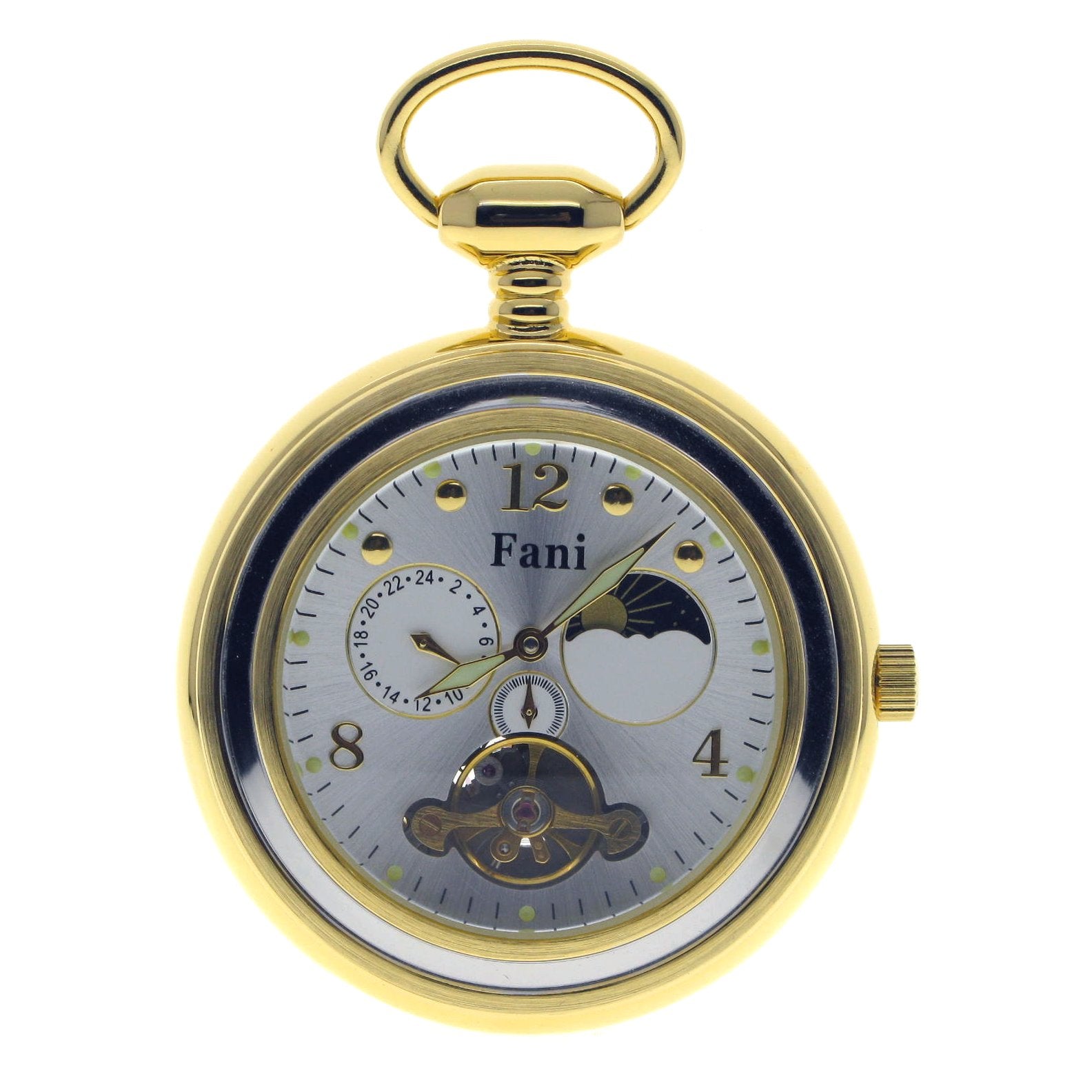 Tourbillon Mechanical Gold Pocket Watch Silver Dial with Sun & Moon and 24 Hours P296S