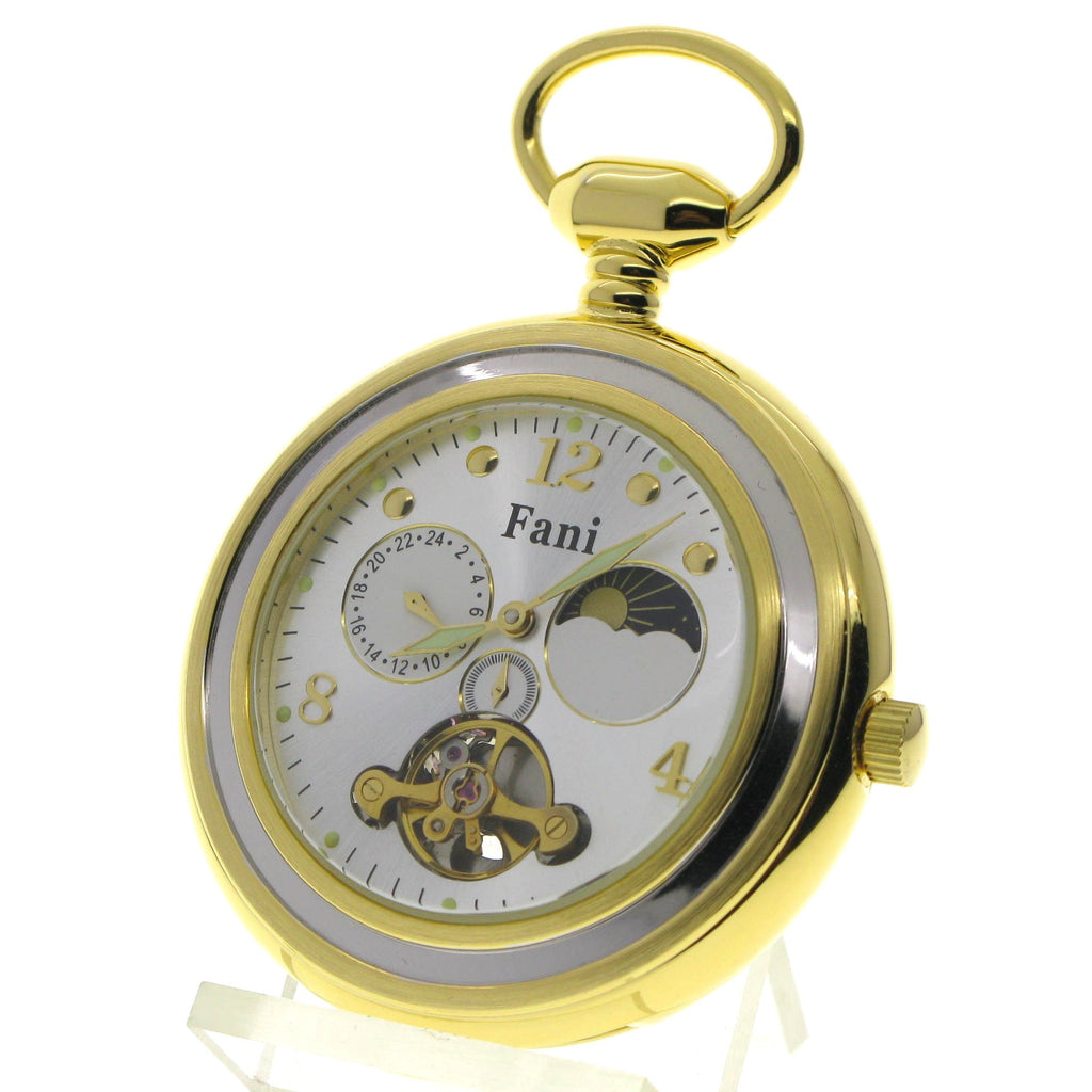 Tourbillon Mechanical Gold Pocket Watch Silver Dial with Sun & Moon and 24 Hours P296S