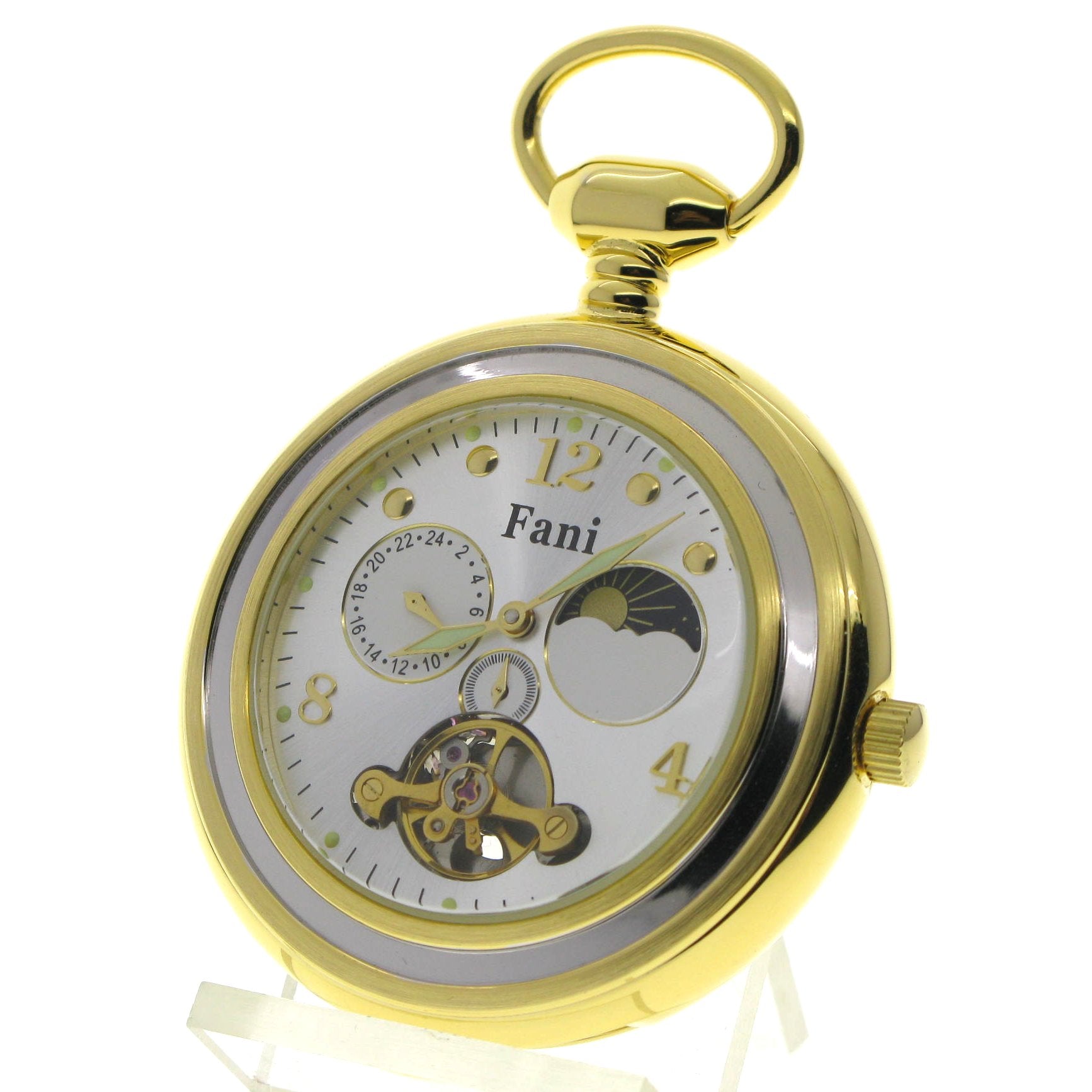 Tourbillon Mechanical Gold Pocket Watch Silver Dial with Sun & Moon and 24 Hours P296S