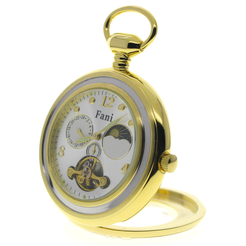 Tourbillon Mechanical Gold Pocket Watch Silver Dial with Sun & Moon and 24 Hours P296S