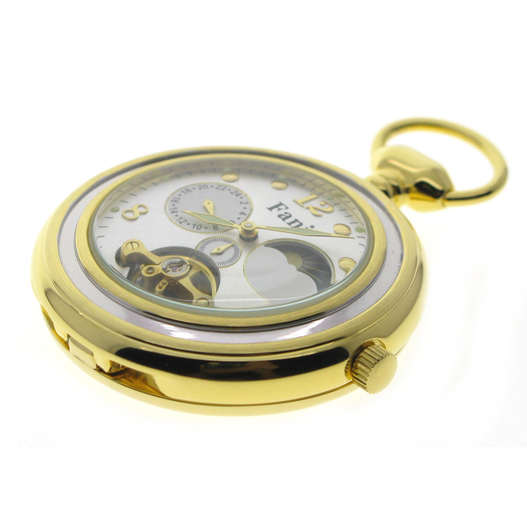 Tourbillon Mechanical Gold Pocket Watch Silver Dial with Sun & Moon and 24 Hours P296S