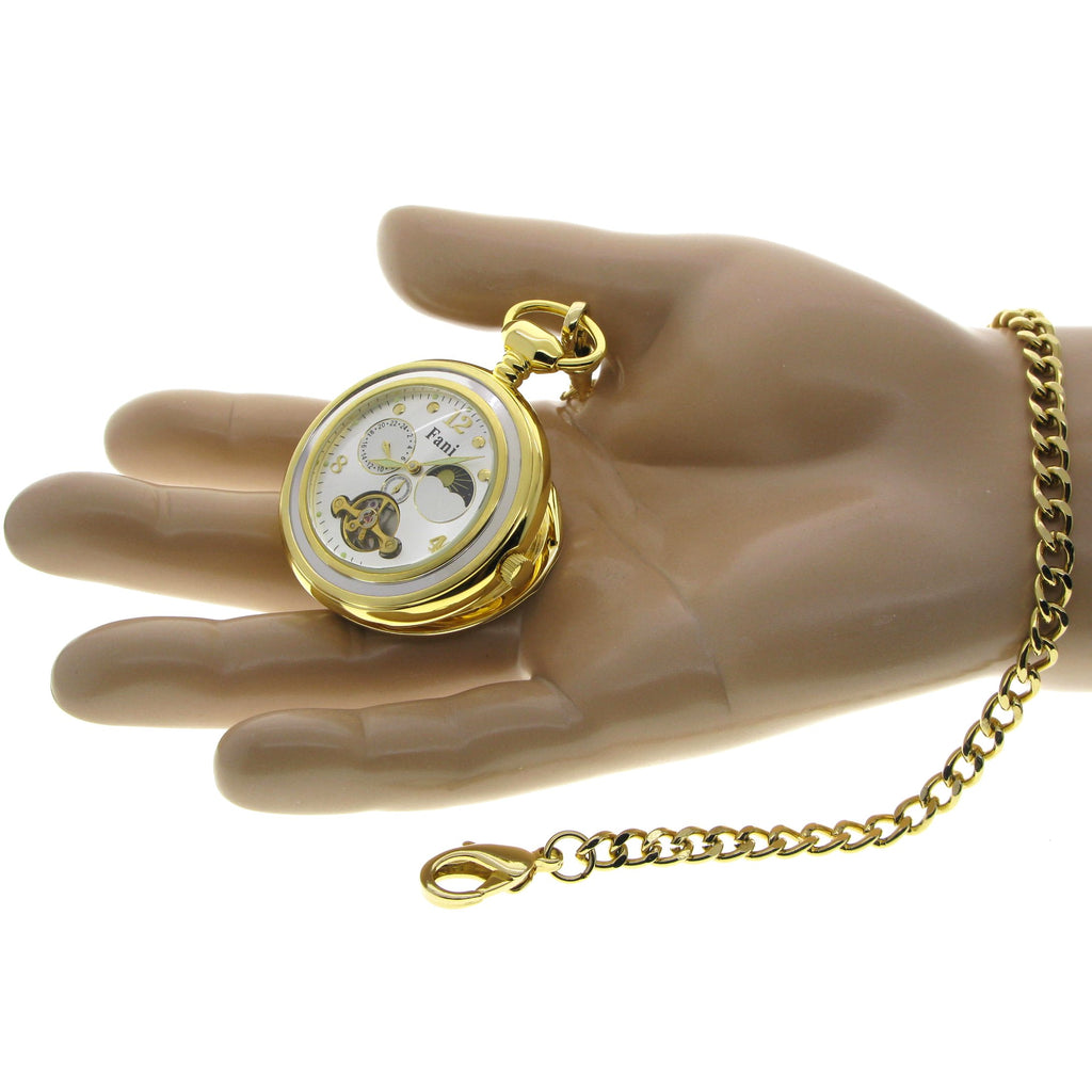 Tourbillon Mechanical Gold Pocket Watch Silver Dial with Sun & Moon and 24 Hours P296S