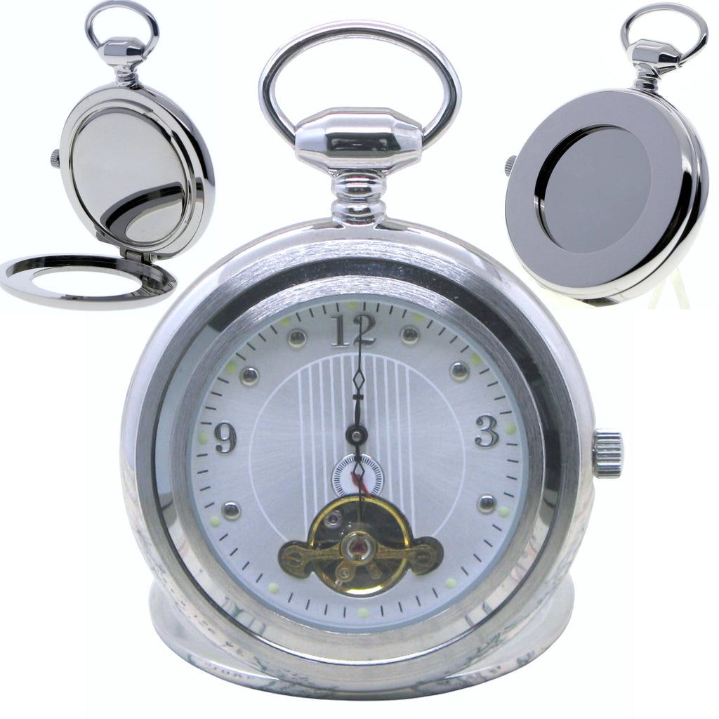 Silver Tourbillon Mechanical Pocket Watch with Back stand
