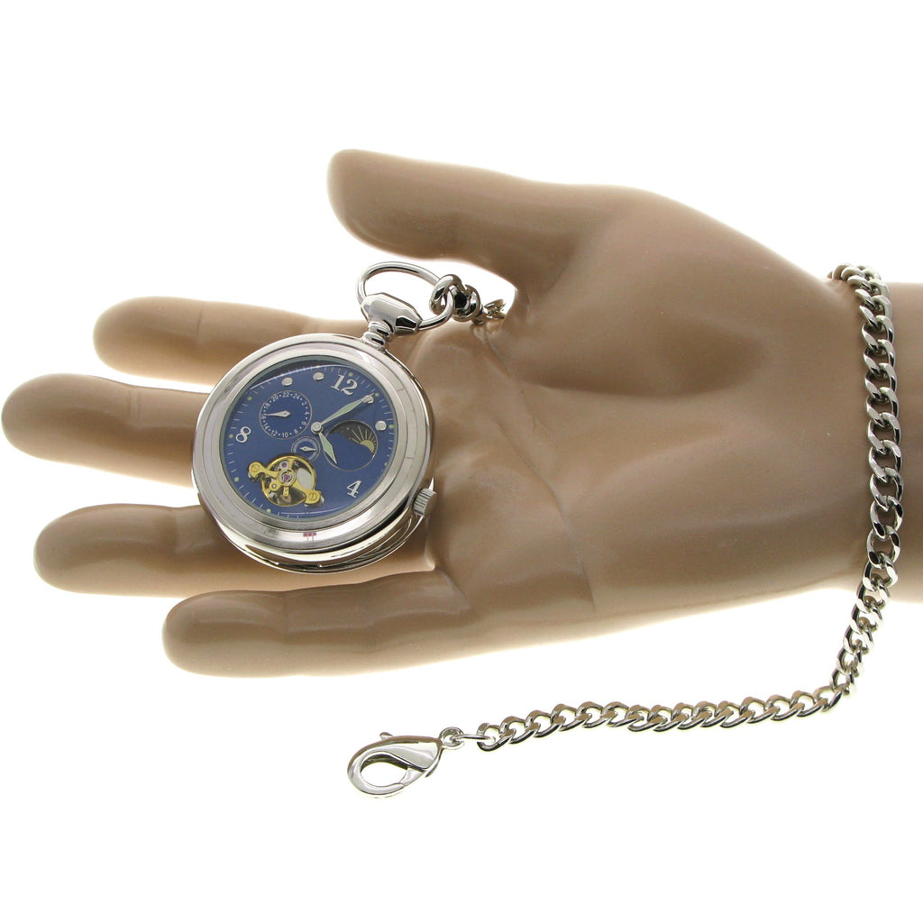 Tourbillon Design Silver Mechanical Pocket Watch Blue Dial  P300