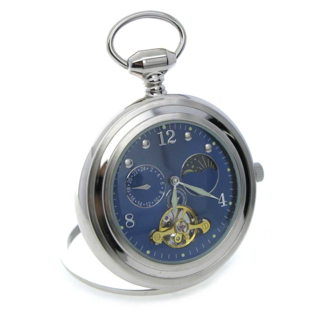Tourbillon Design Silver Mechanical Pocket Watch Blue Dial  P300