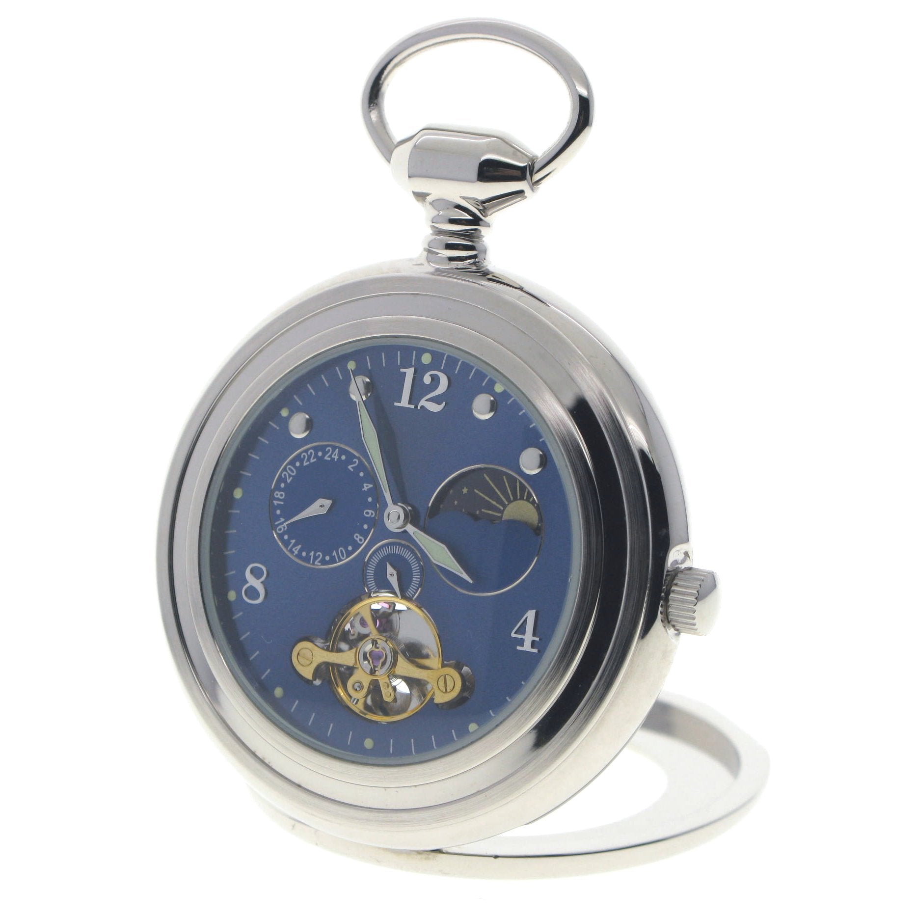 Tourbillon Design Silver Mechanical Pocket Watch Blue Dial  P300