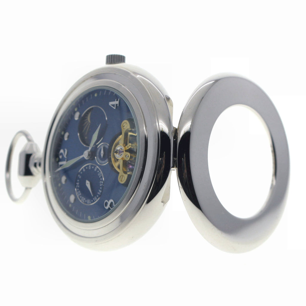 Tourbillon Design Silver Mechanical Pocket Watch Blue Dial  P300
