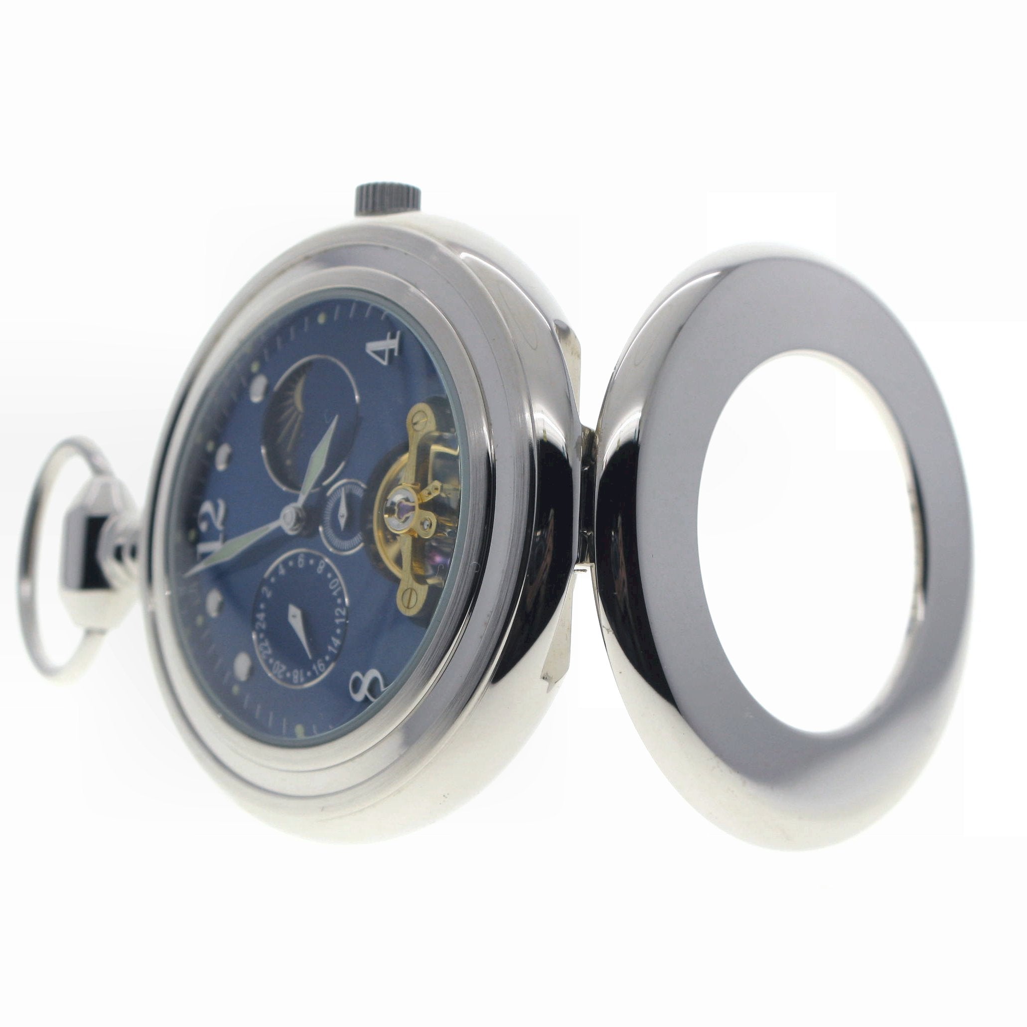 Tourbillon Design Silver Mechanical Pocket Watch Blue Dial  P300
