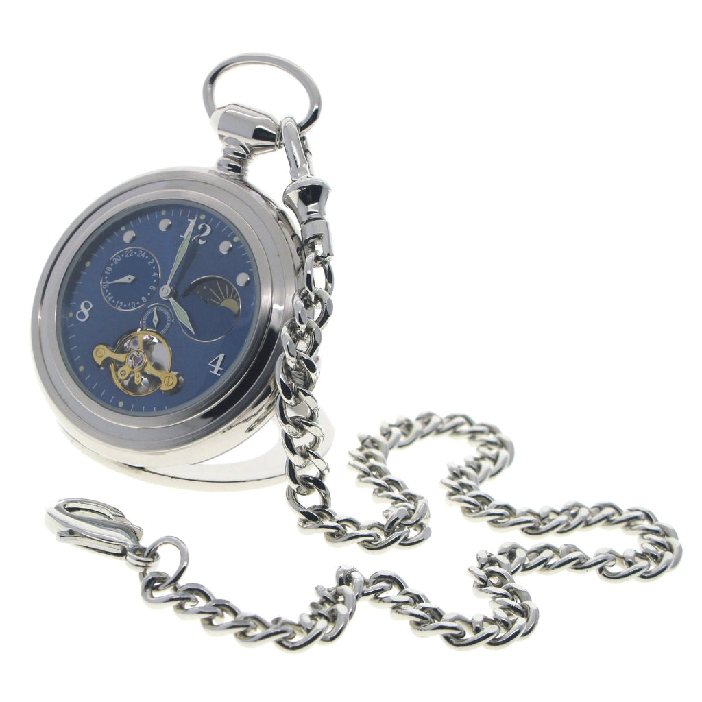 Tourbillon Design Silver Mechanical Pocket Watch Blue Dial  P300