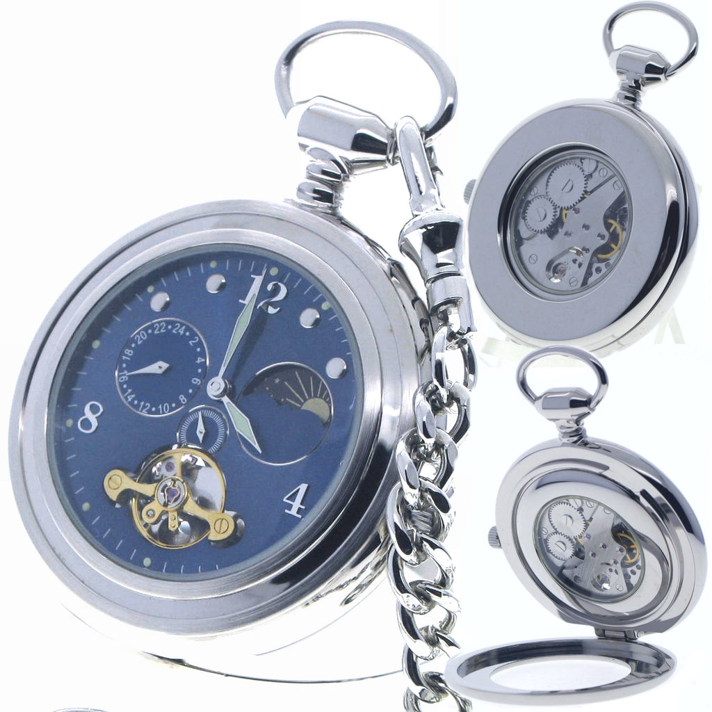 Tourbillon Mechanical Pocket Watch with Blue Dial and Luminous Hands