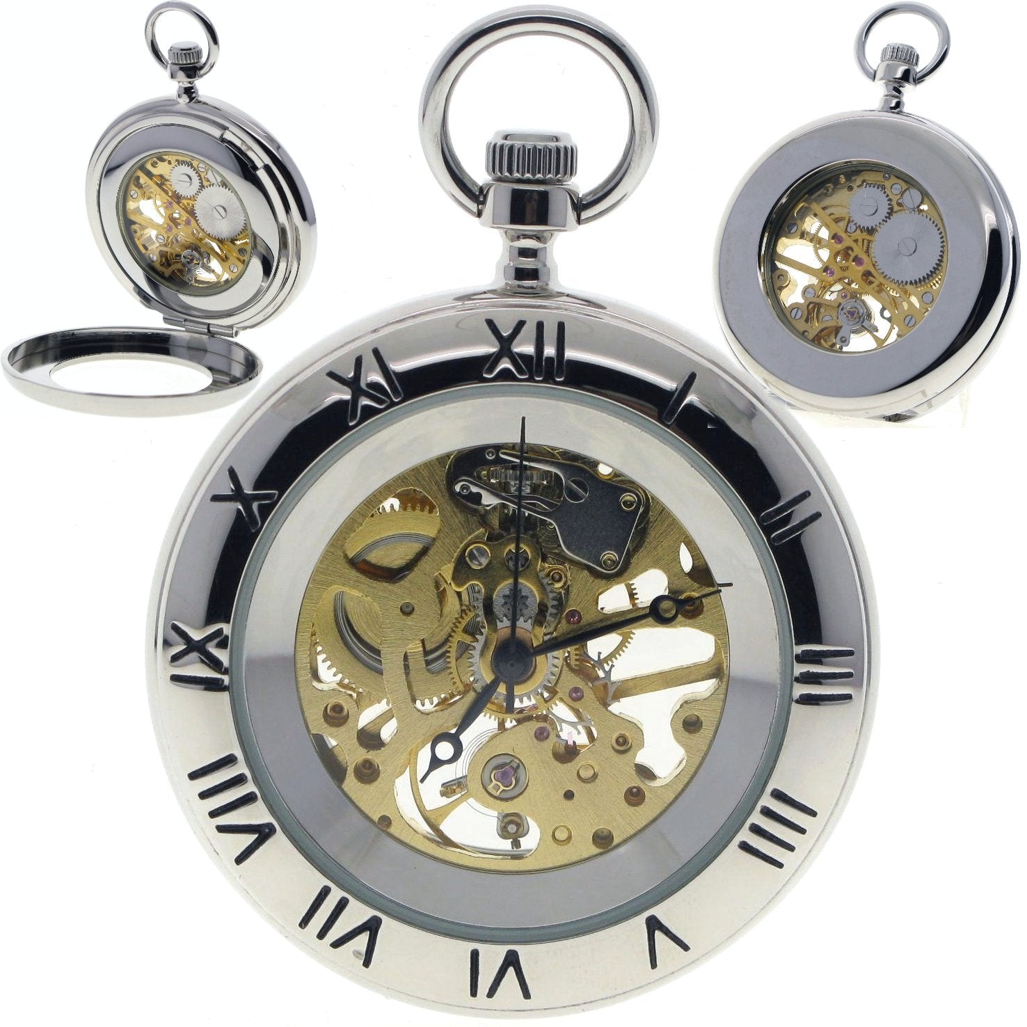 Mechanical Skeleton Pocket Watch with opening back stand