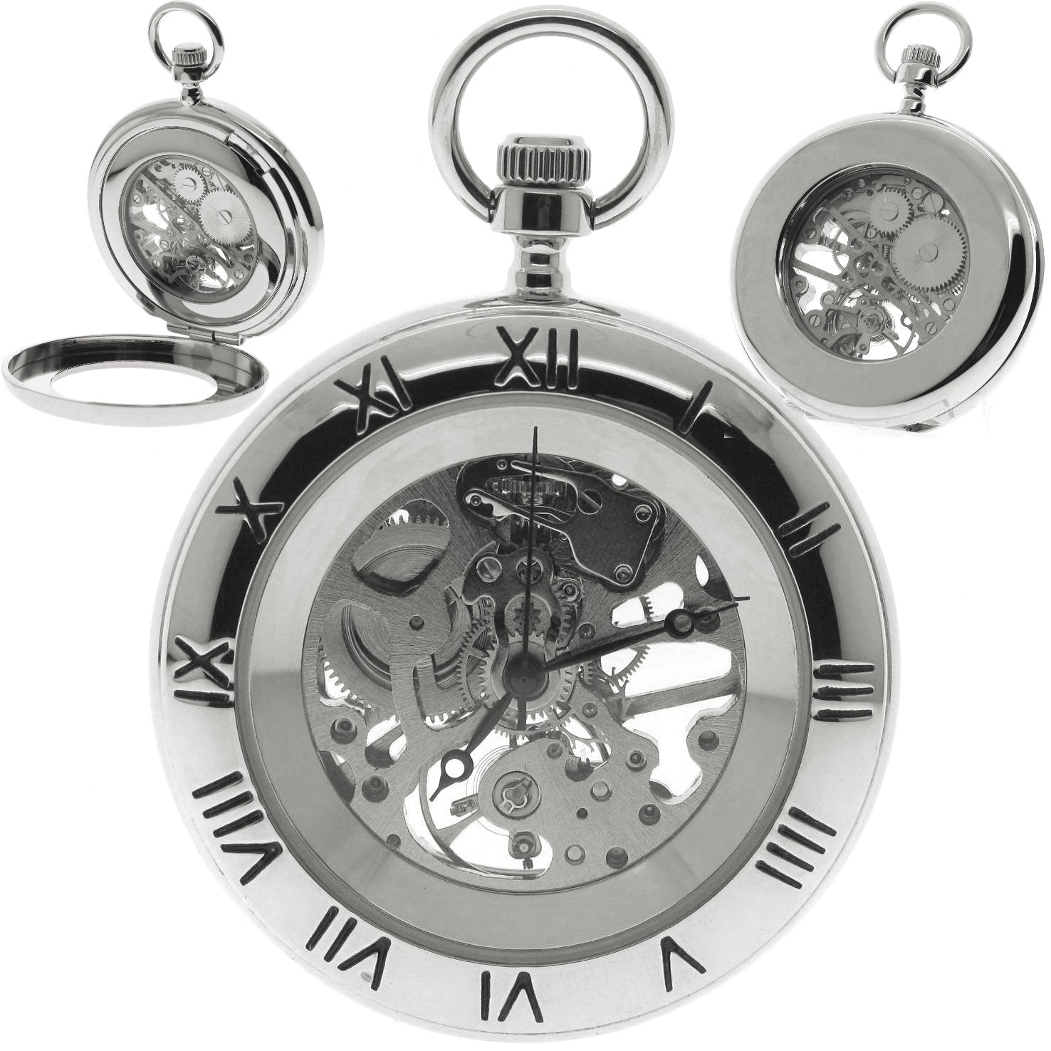 Silver mechanical skeleton pocket watch front view