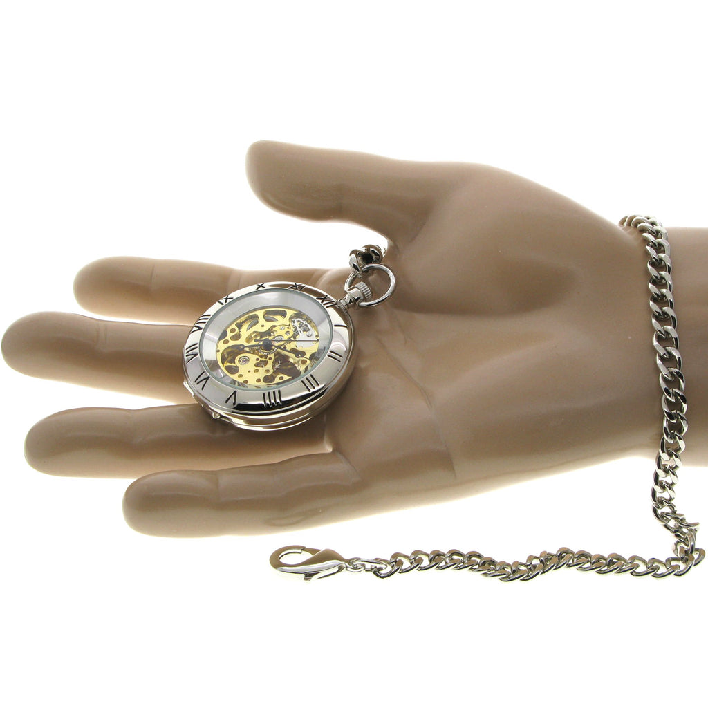 Silver mechanical skeleton pocket watch size reference on hand
