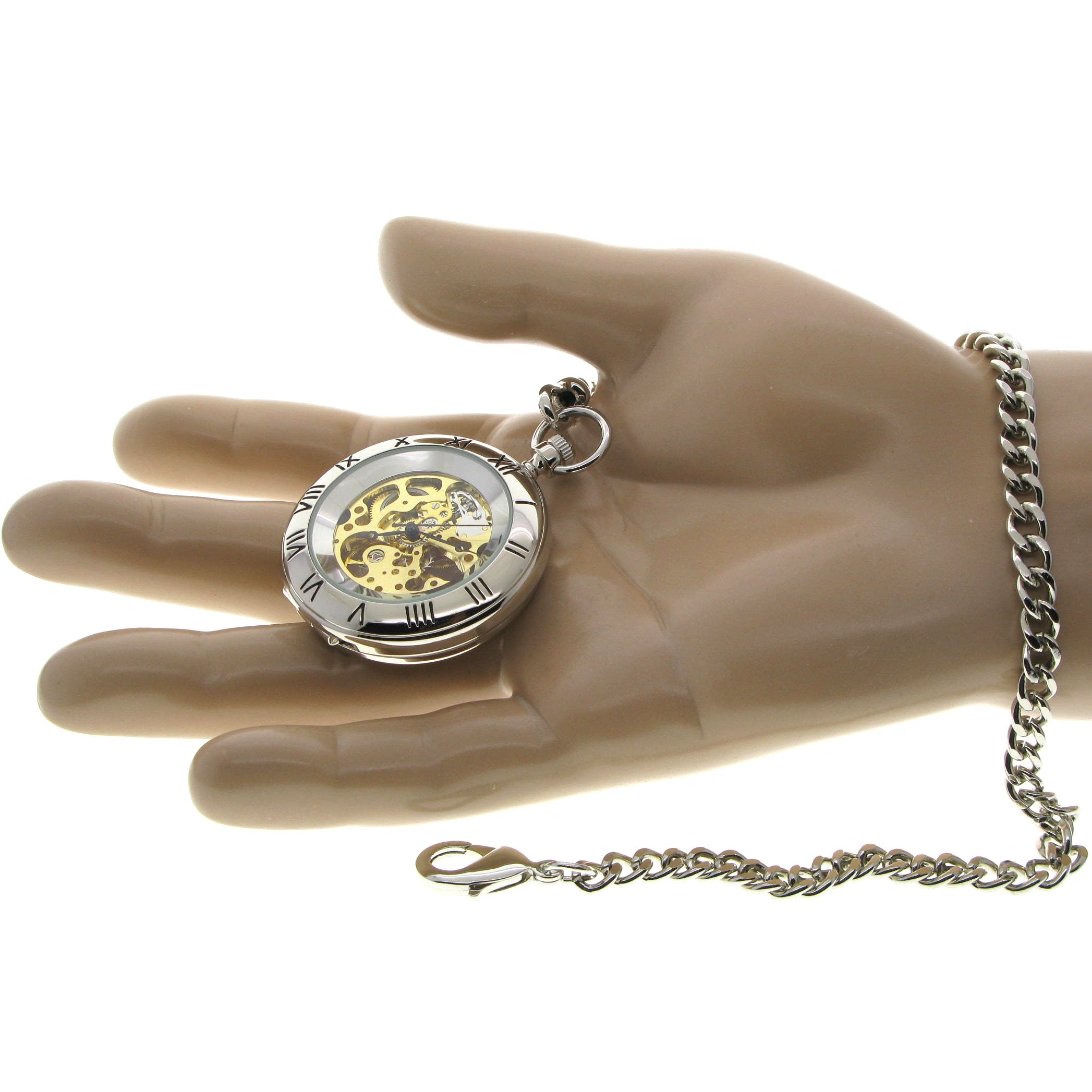 Silver mechanical skeleton pocket watch size reference on hand