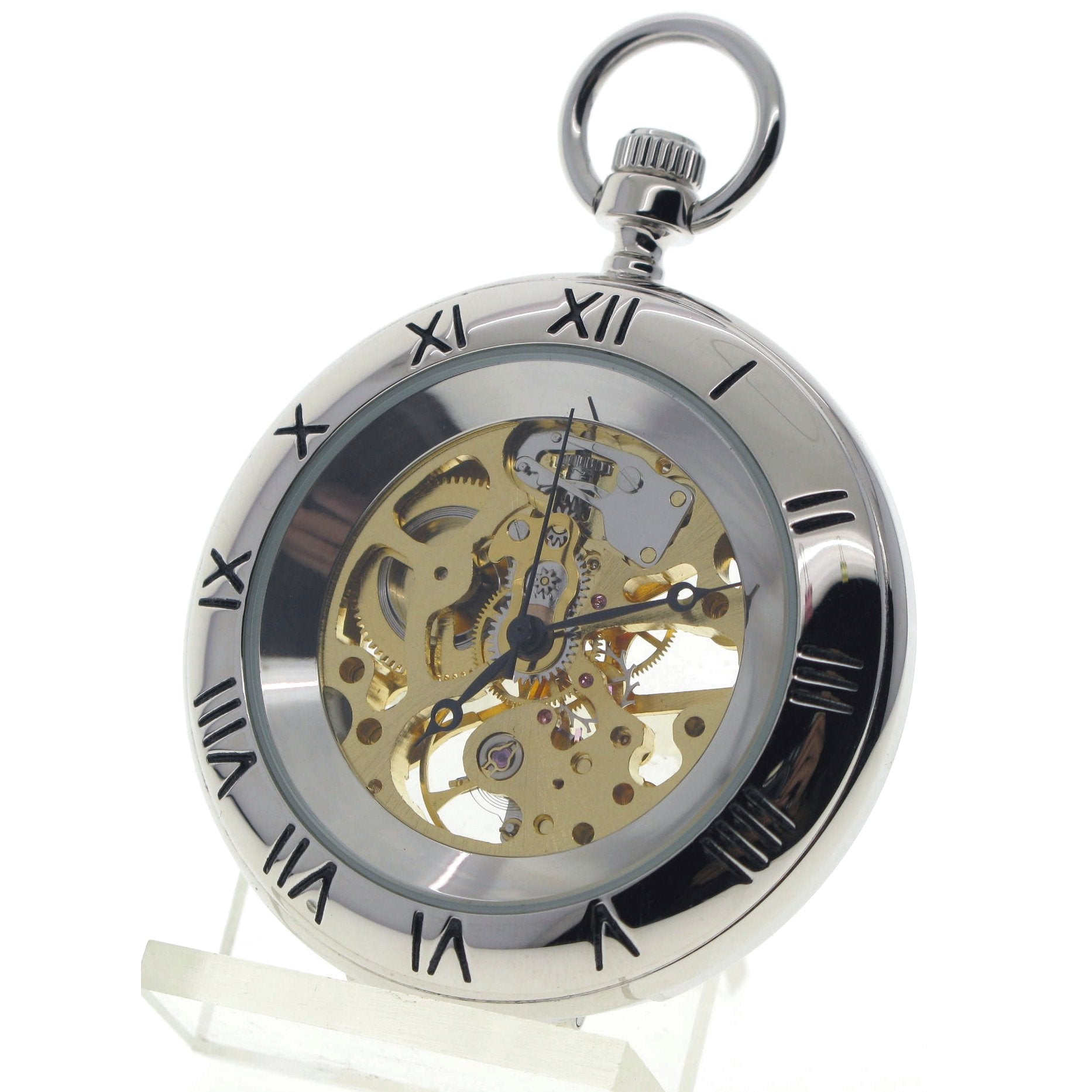 Mechanical Silver Color Skeleton Pocket Watch with Opening Back Stand P301