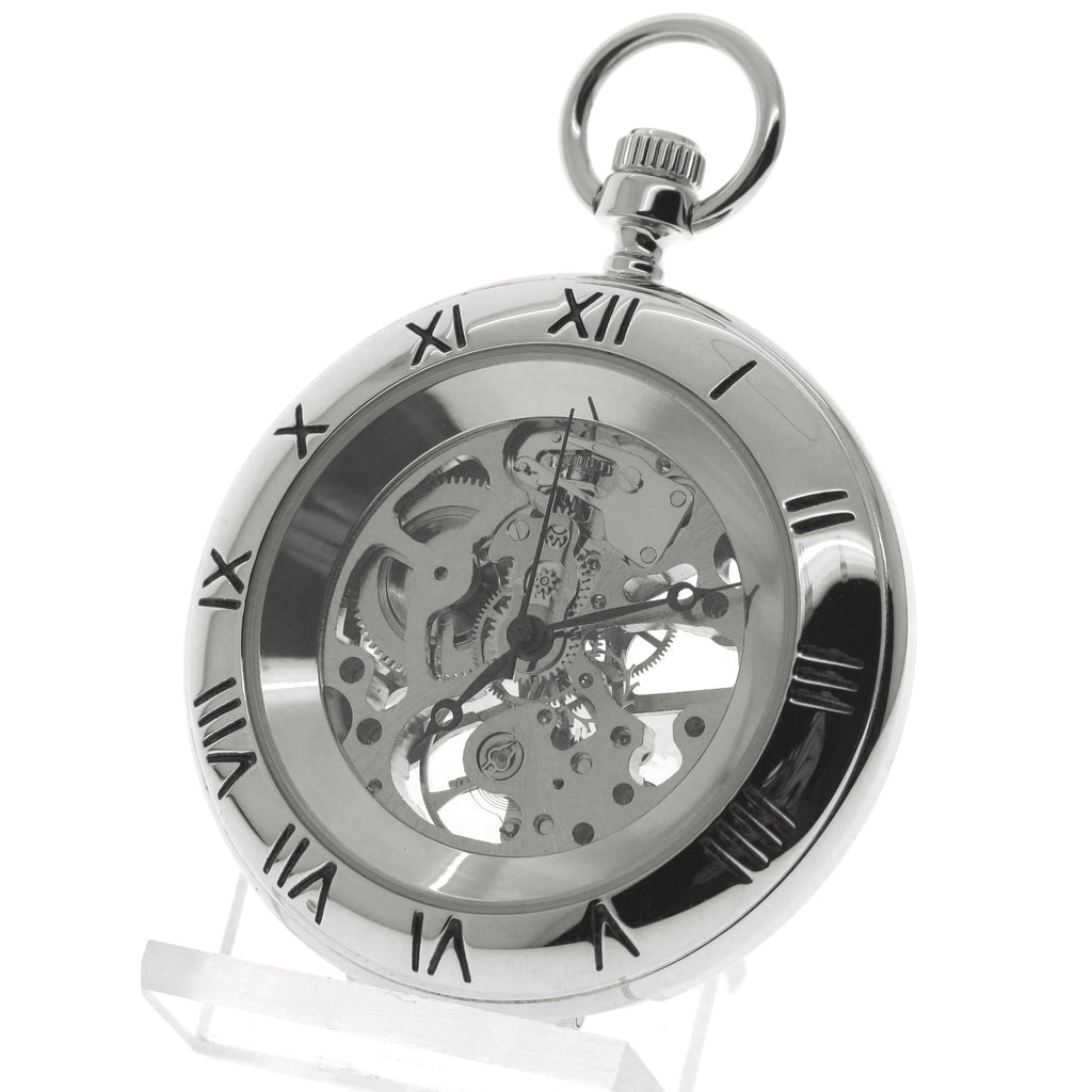 Silver mechanical skeleton pocket watch front view