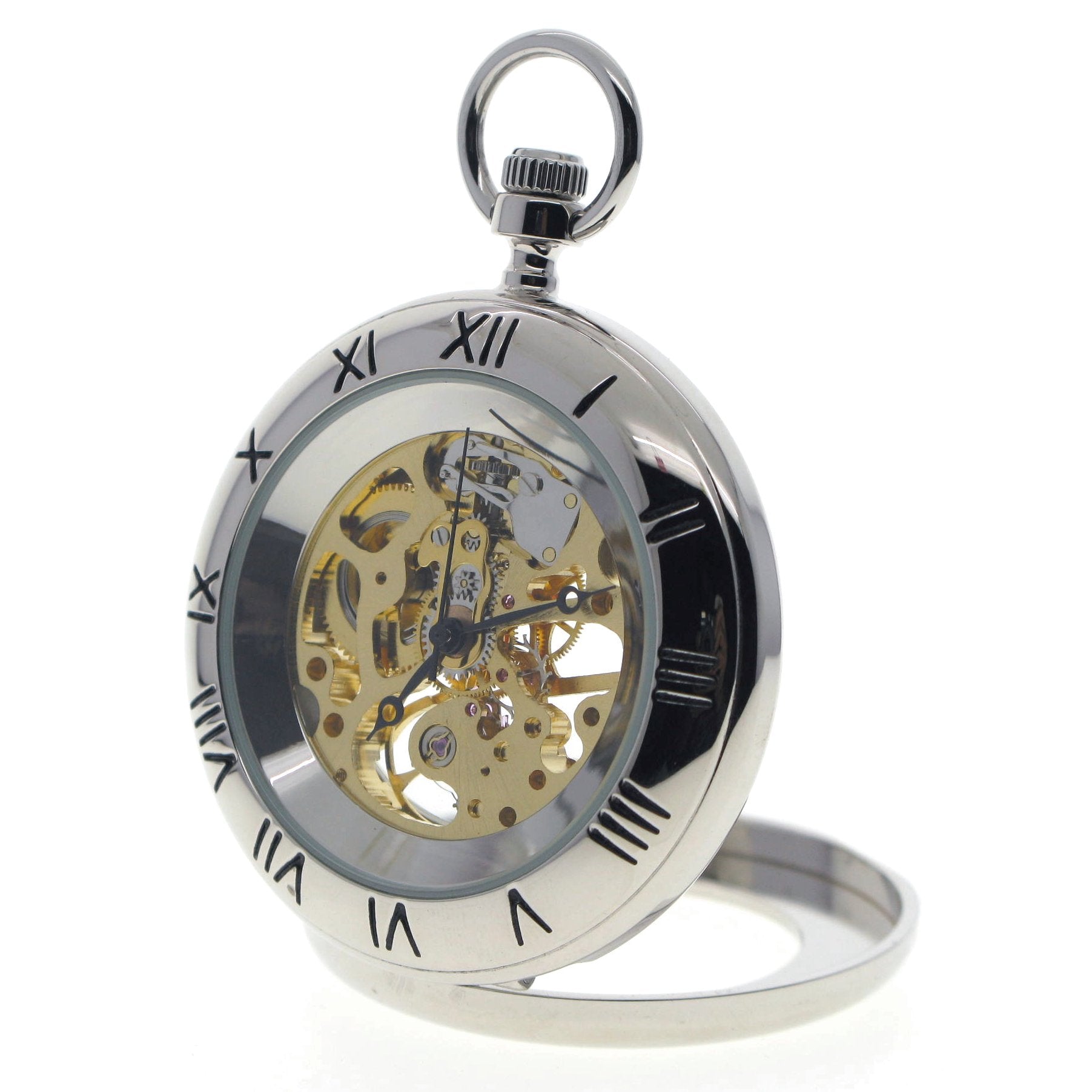 Mechanical Silver Color Skeleton Pocket Watch with Opening Back Stand P301