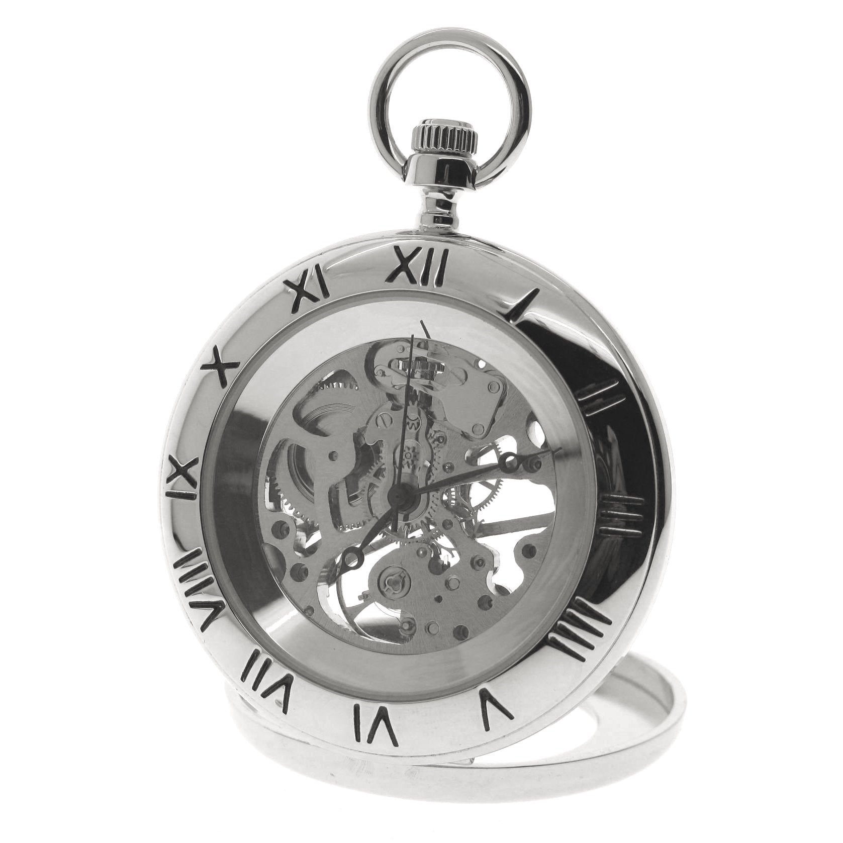 Silver mechanical skeleton pocket watch front view
