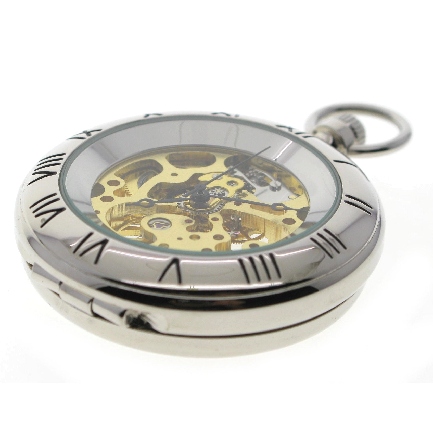 Mechanical Silver Color Skeleton Pocket Watch with Opening Back Stand P301