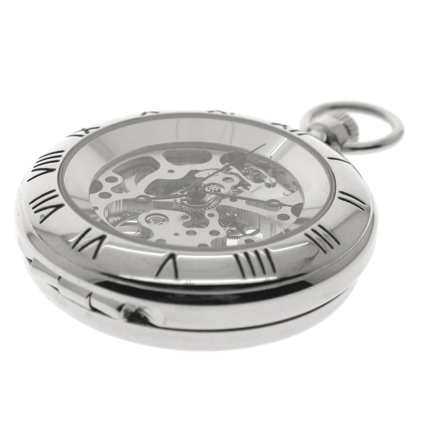 Silver mechanical skeleton pocket watch front view