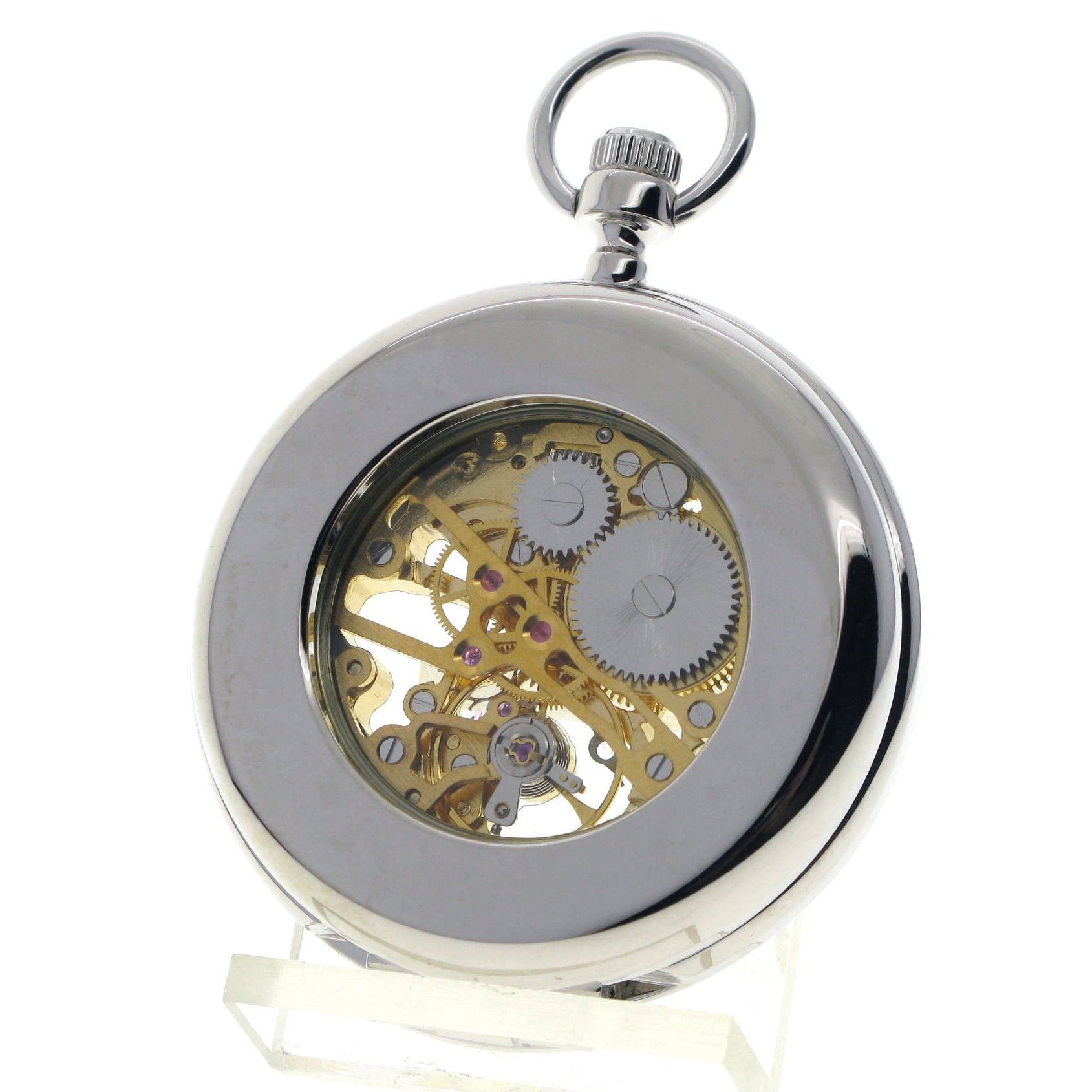 Mechanical Silver Color Skeleton Pocket Watch with Opening Back Stand P301