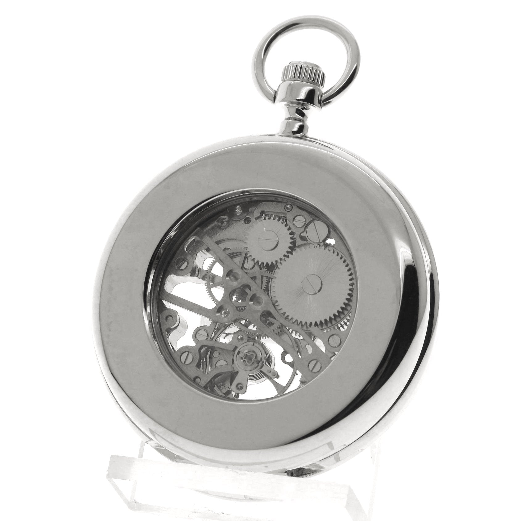 Silver mechanical skeleton pocket watch back view