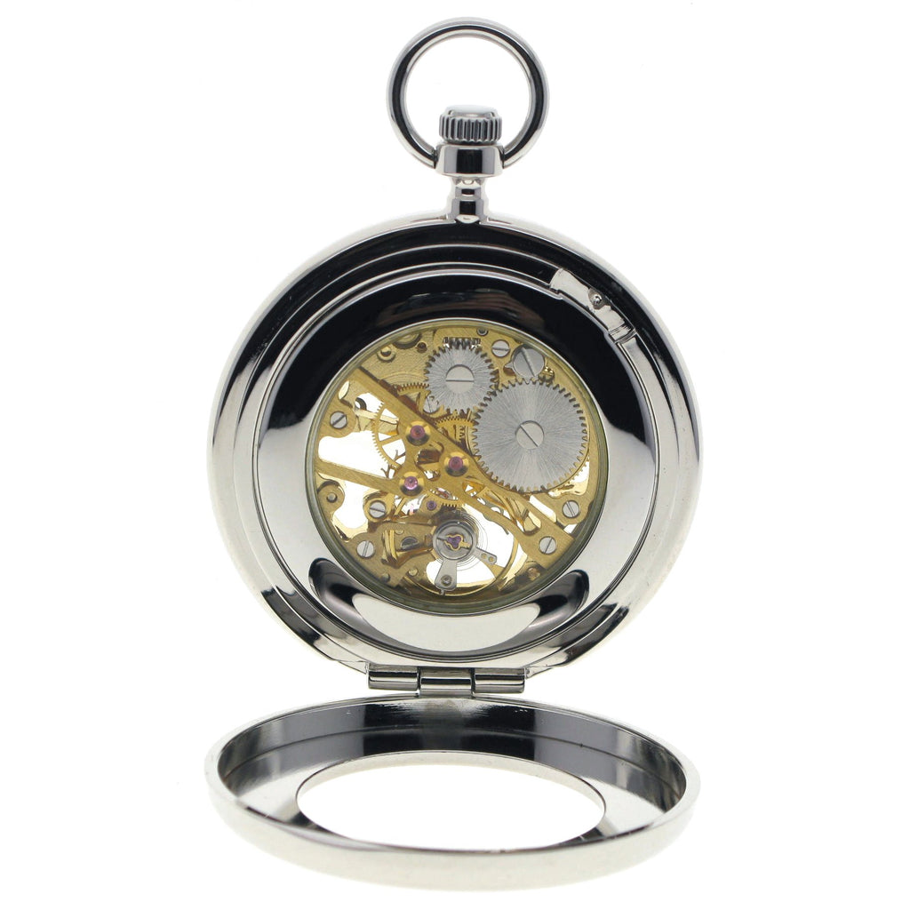 Mechanical Silver Color Skeleton Pocket Watch with Opening Back Stand P301