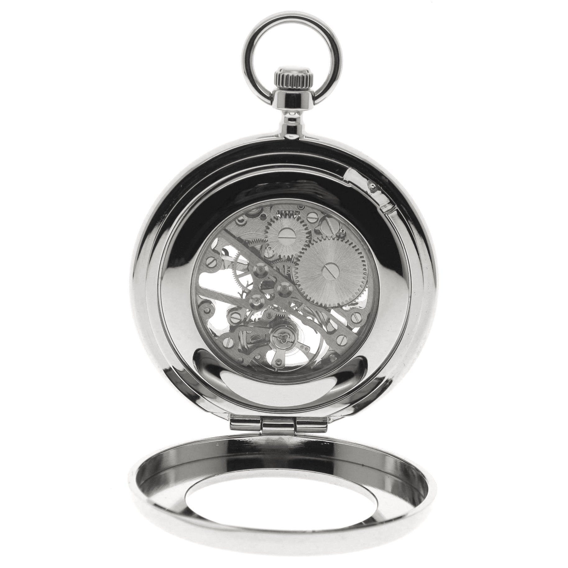 Silver mechanical skeleton pocket watch back view