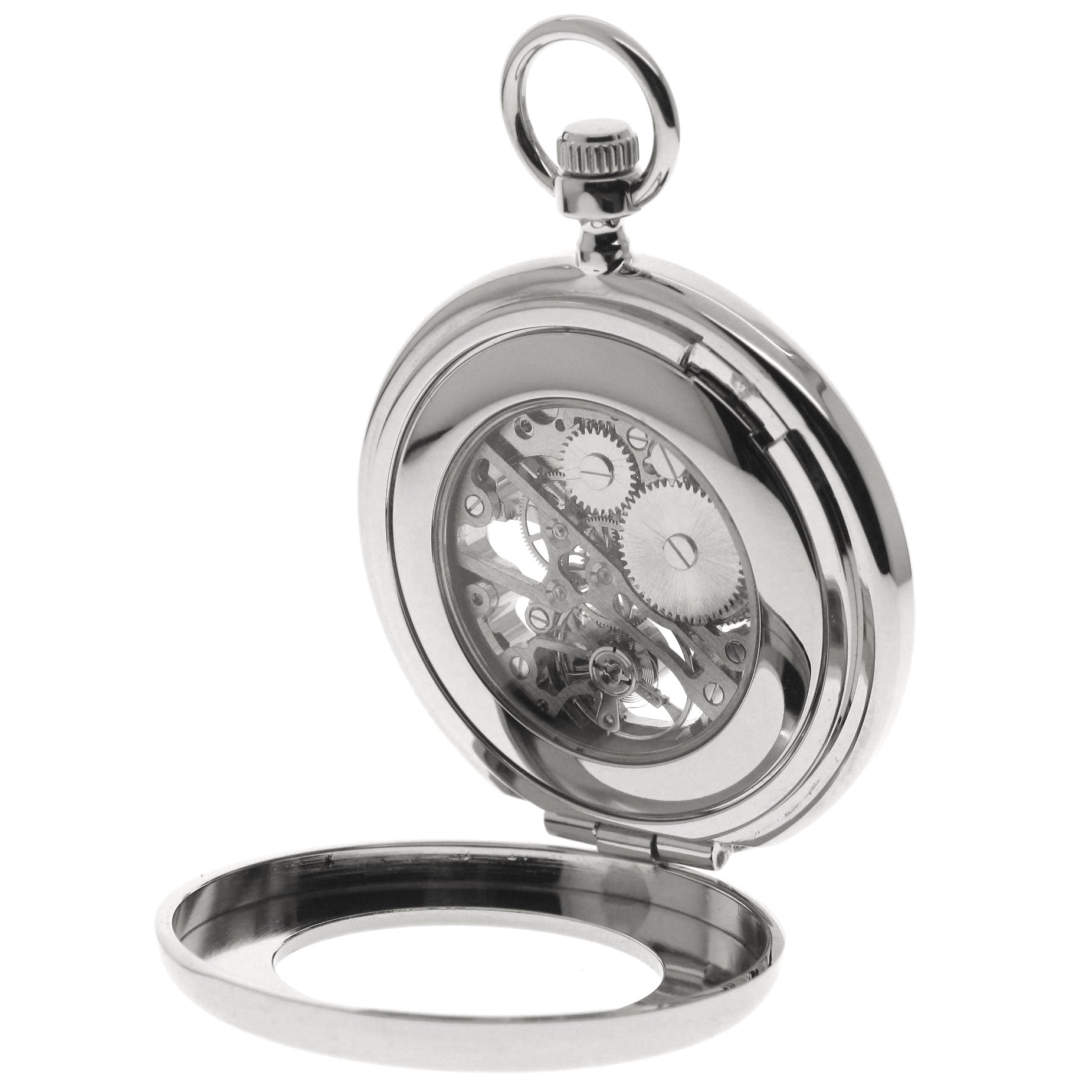Silver mechanical skeleton pocket watch backt view