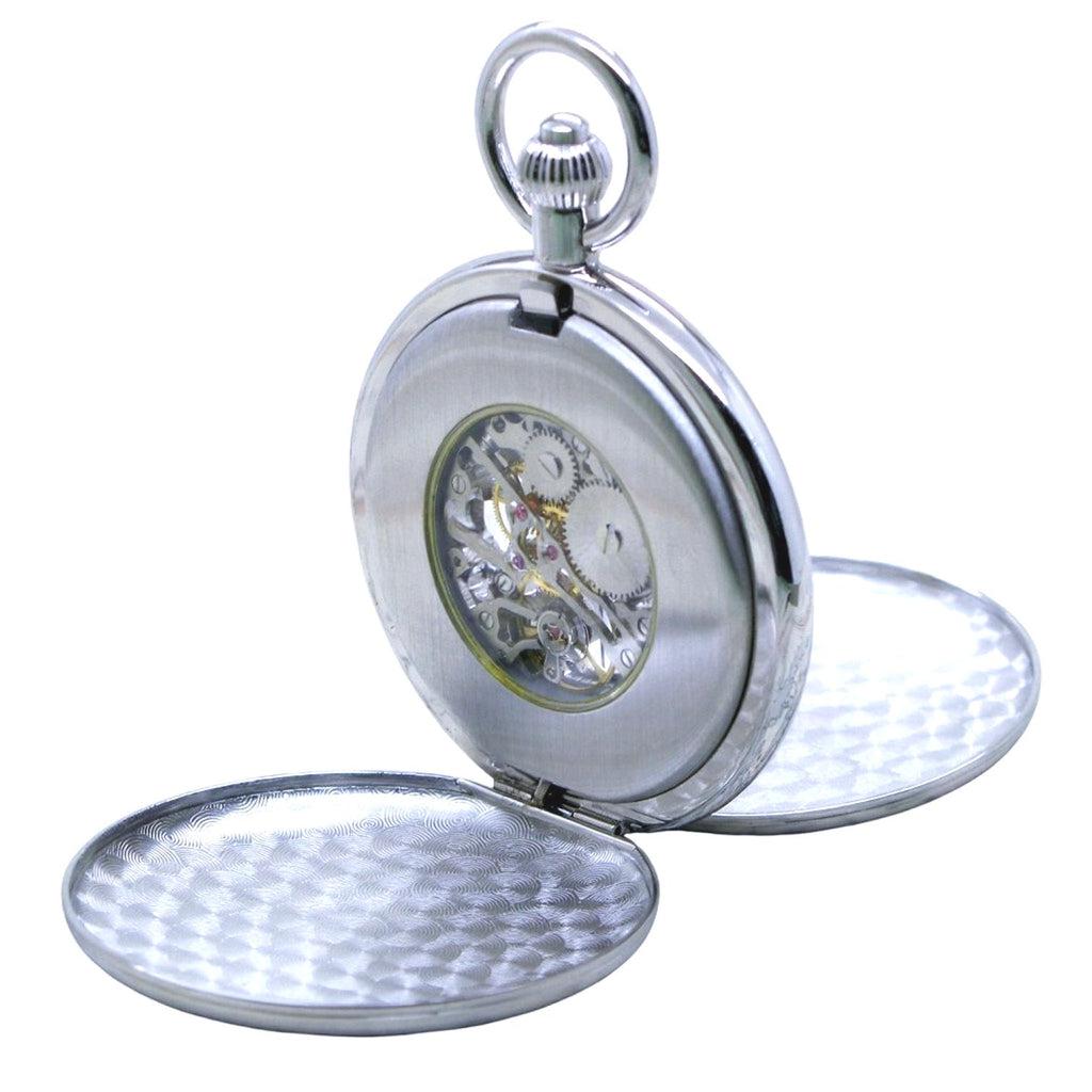 Silver Mechanical Pocket Watch Double Full Hunter with See-through Case Back