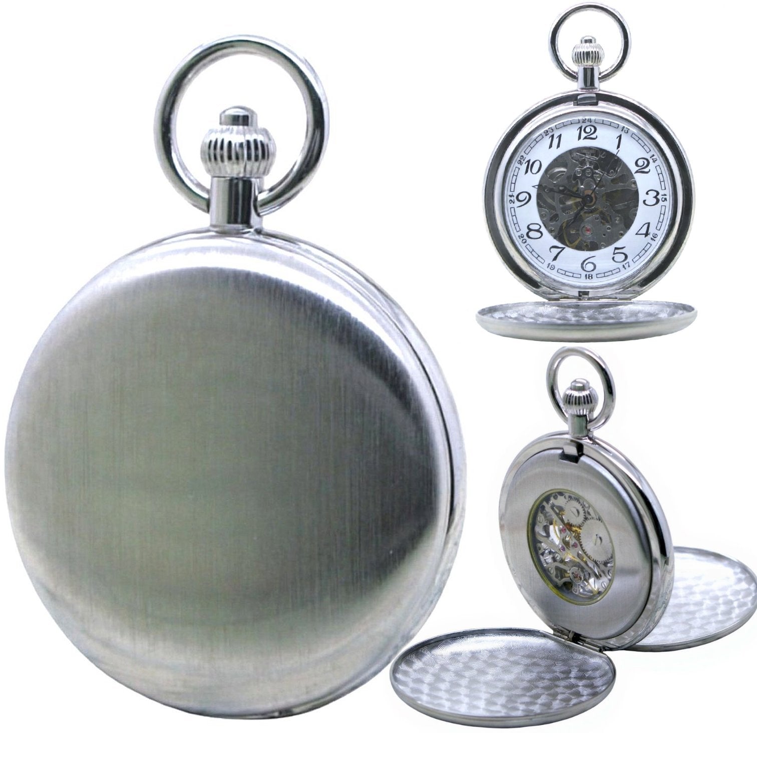 Mechanical Pocket Watch Double Full Hunter Silver Brushed Case with Arabic Numbers Dial