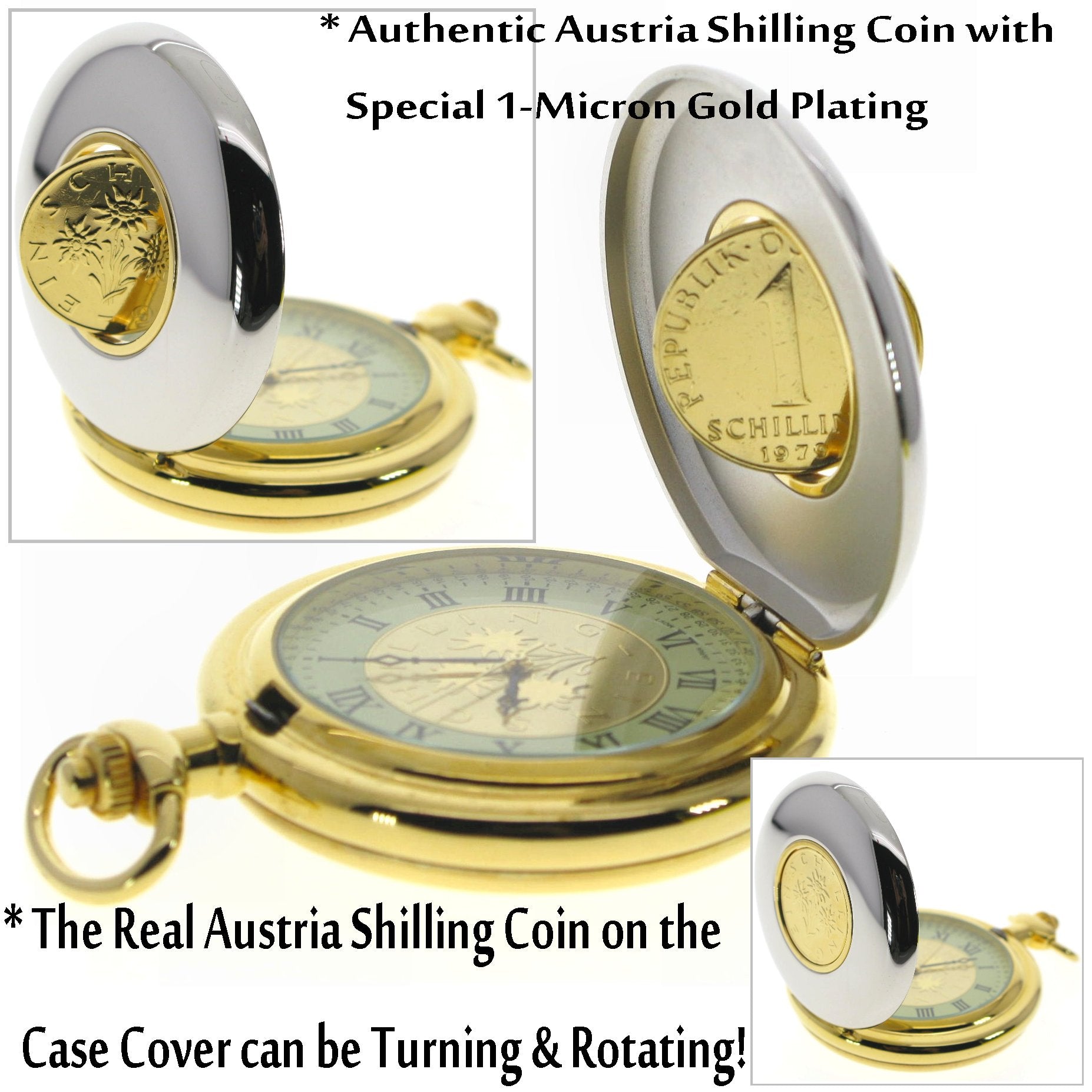 Austrian Shilling Coin Pocket Watch with Rotating Coin on cover
