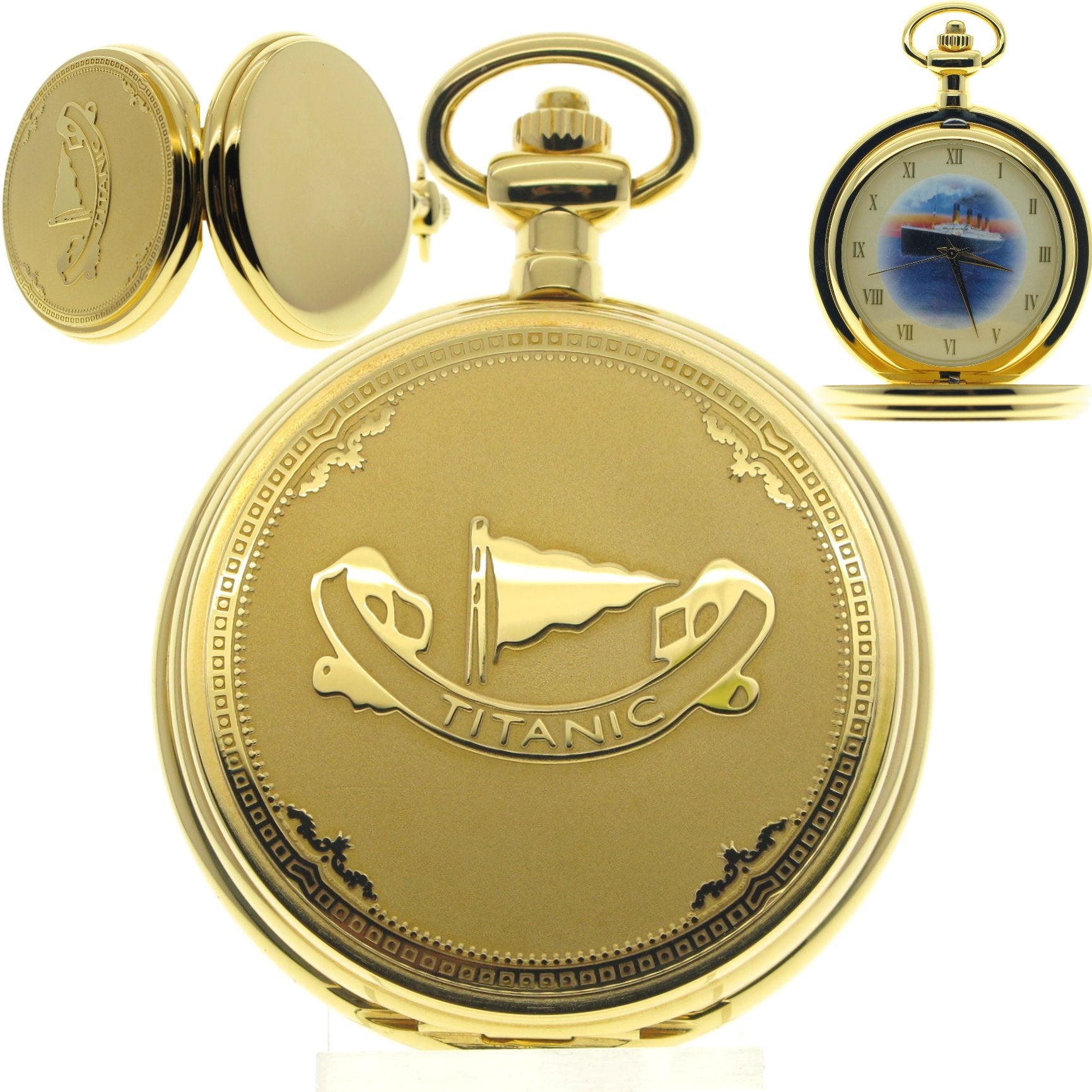 Gold Pocket Watch with RMS Titanic Ocean Liner Design