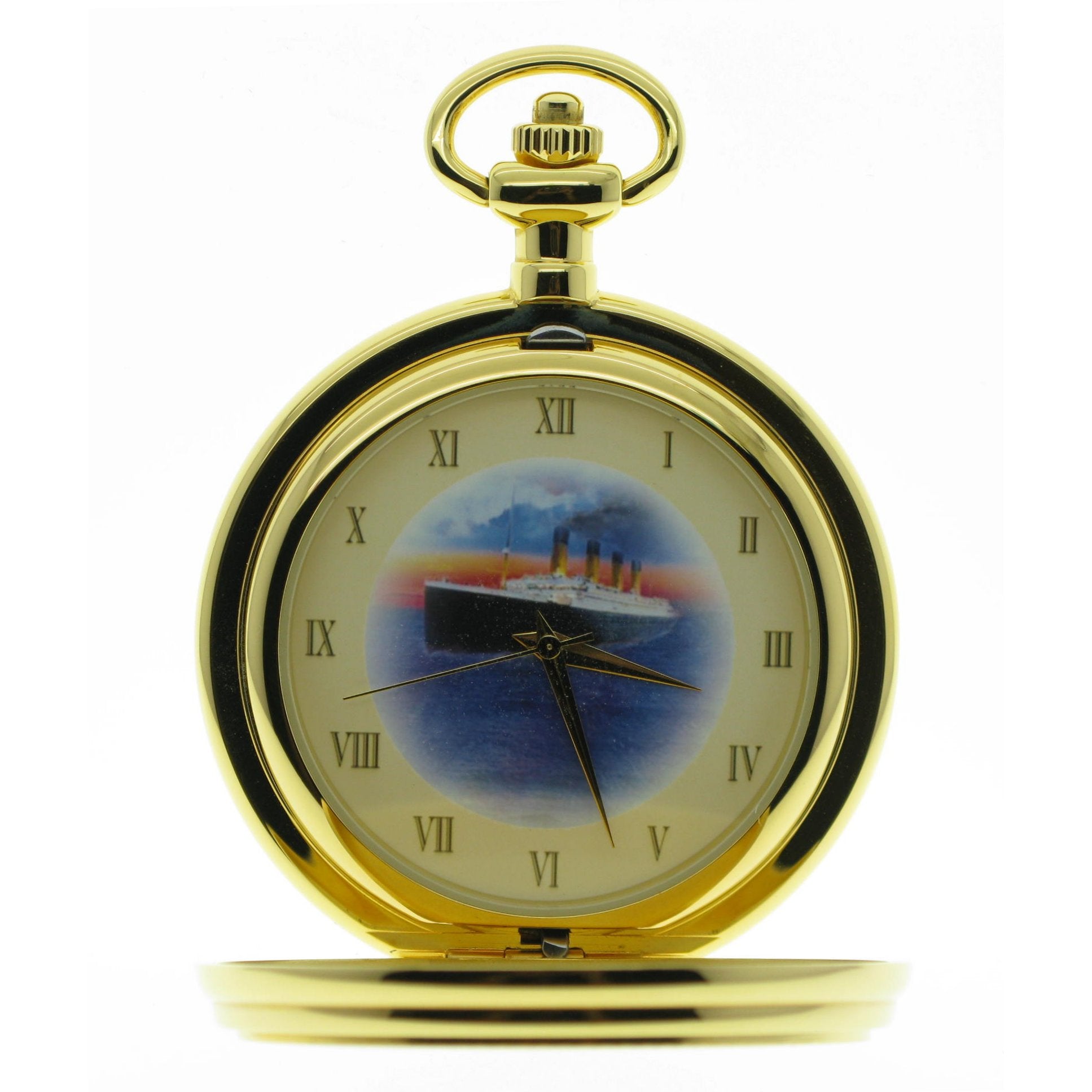 Gold Pocket Watch with Titanic Ocean Liner photo dial