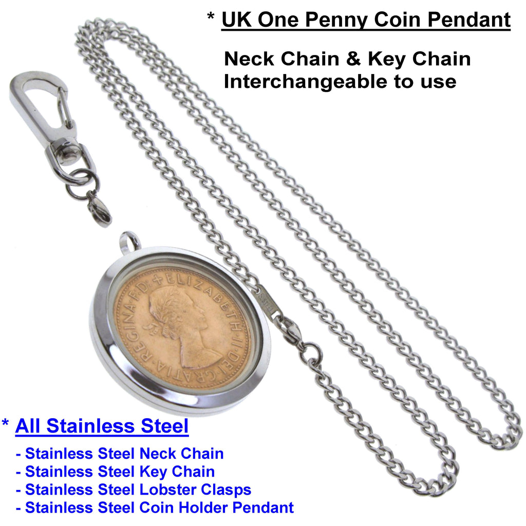 UK 1 Penny Coin Pendant with Neck Chain and Key Chain