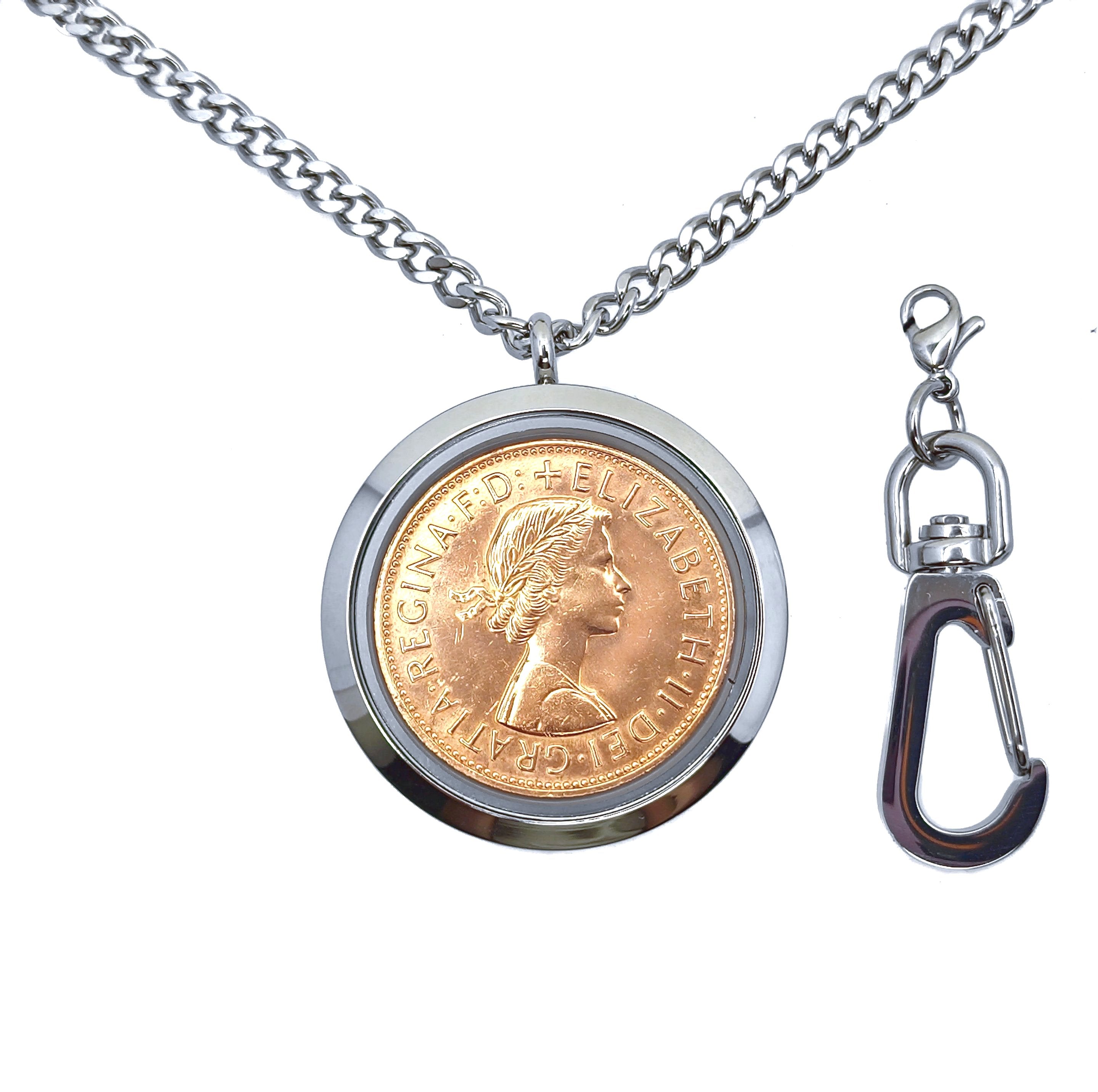 UK Penny Coin Pendant with Necklace and Key Ring