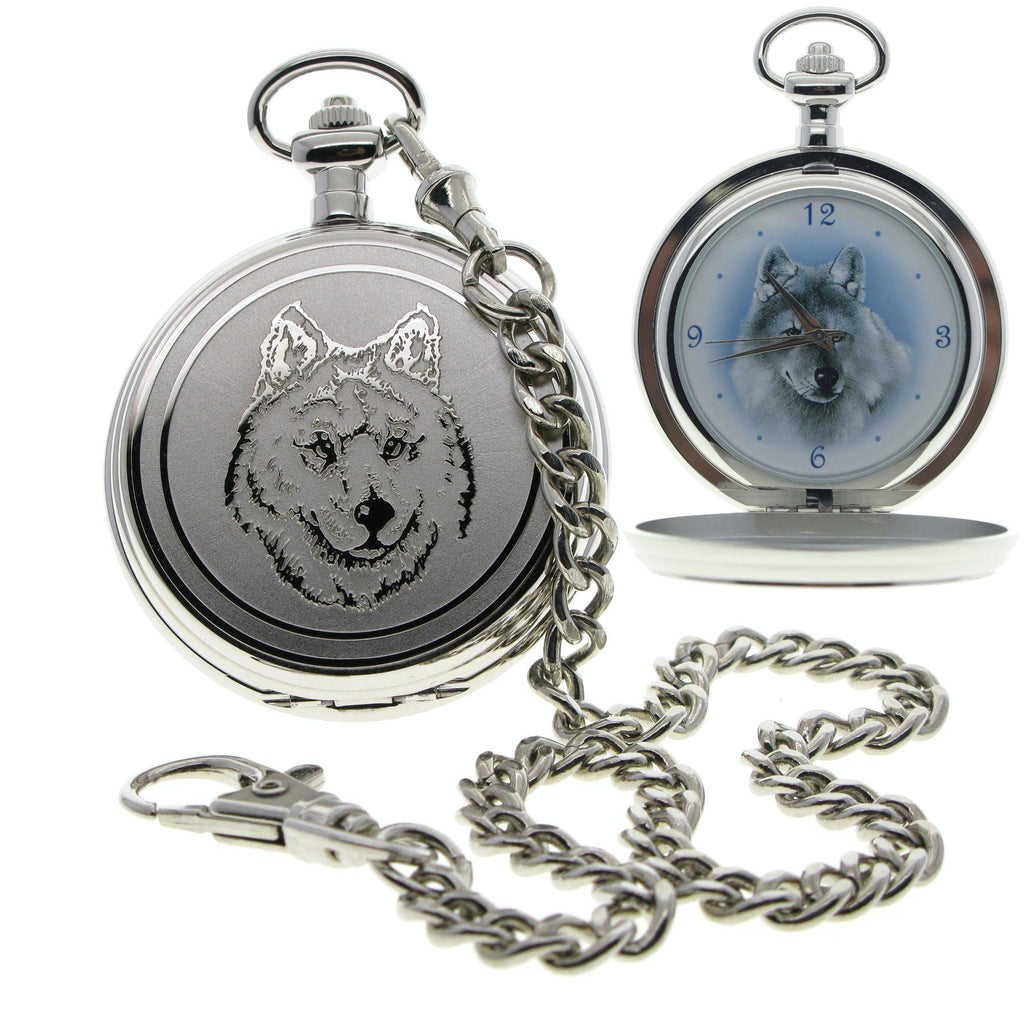 Silver Pocket Watch with High Relief Engraving Wolf Head Cover