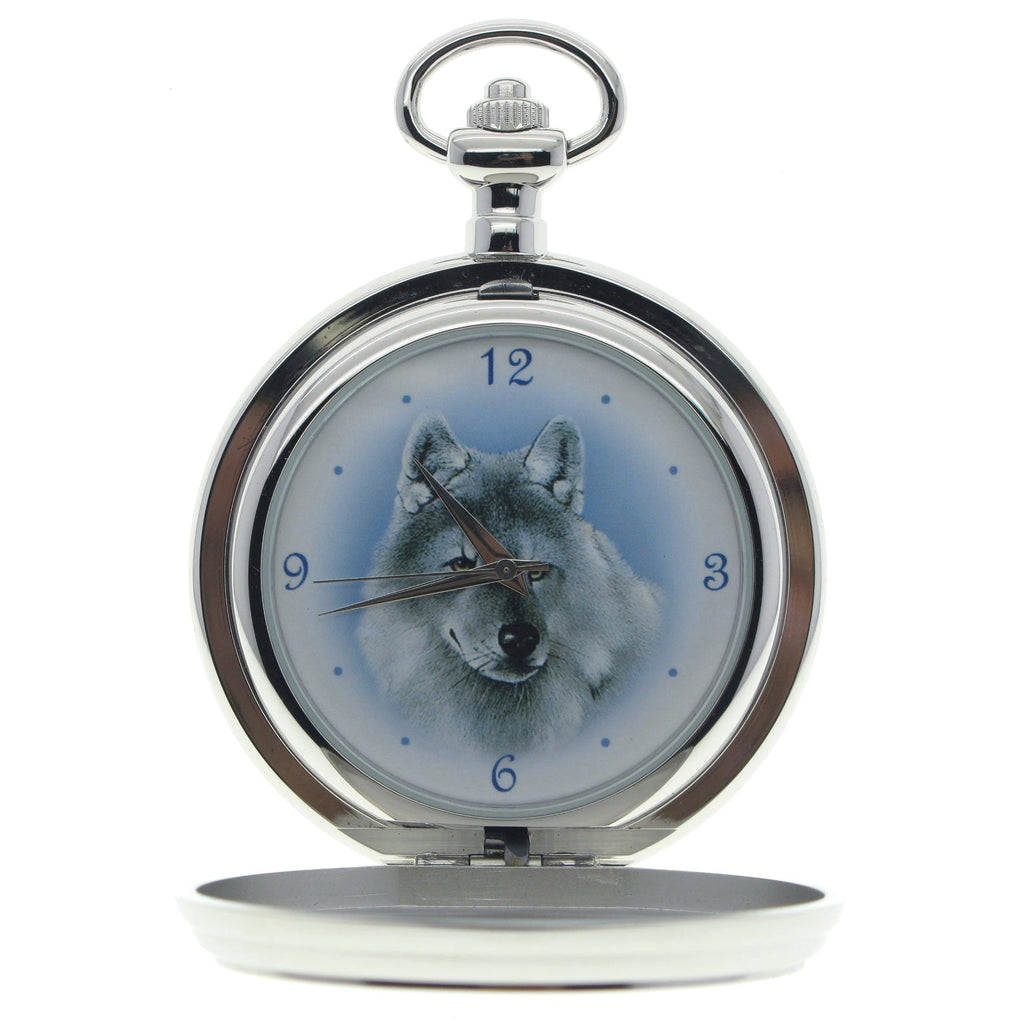 Silver Pocket Watch with Snow Wolf Photo Dial