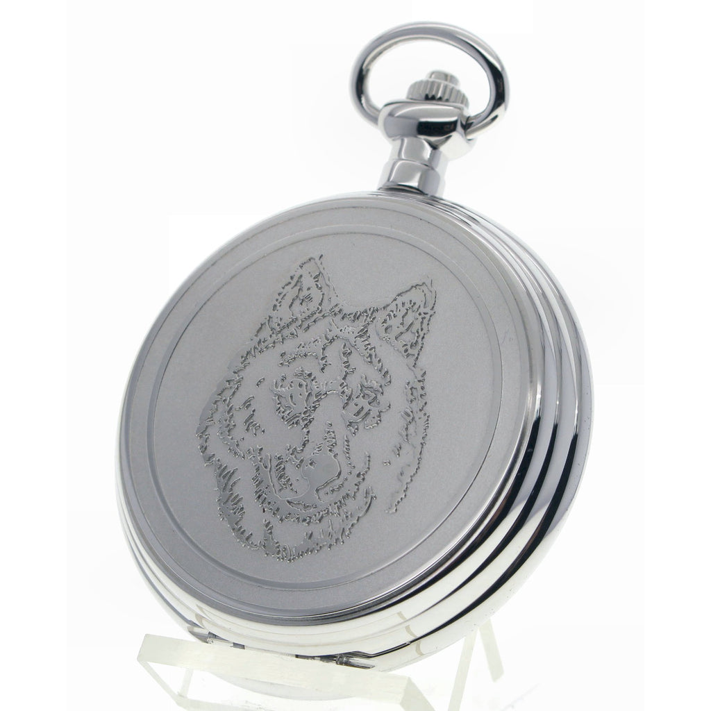 Silver Pocket Watch with Snow Wolf Design